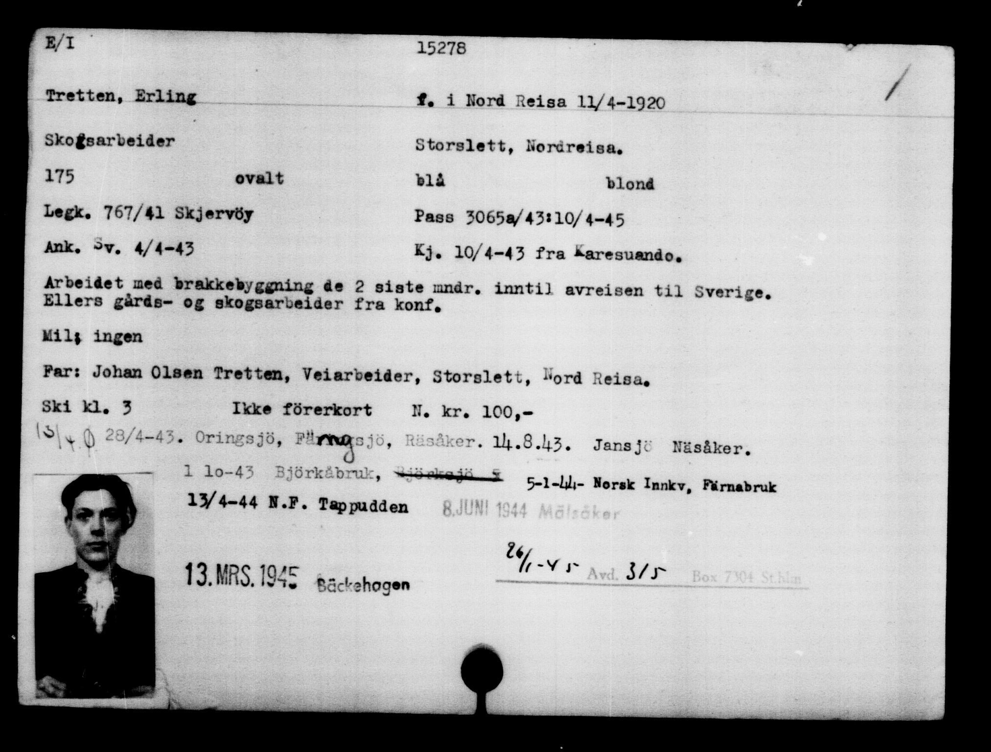 Utenriksstasjonene, Legasjonen i Stockholm, Flyktningkontoret, AV/RA-S-6753/V/Va/L0007: Kjesäterkartoteket, flyktninger med registreringsnr. 12700-15723, 1940-1945, p. 2961