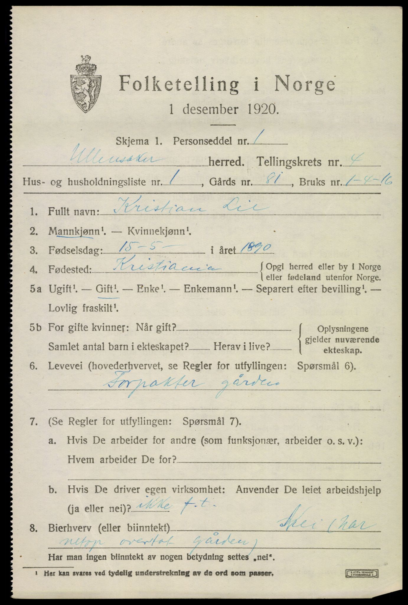 SAO, 1920 census for Ullensaker, 1920, p. 7241