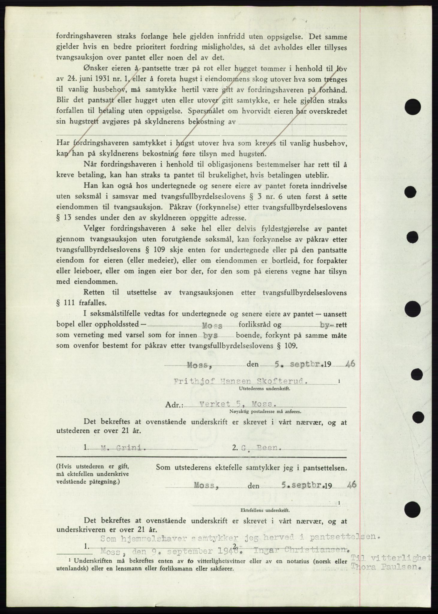 Moss sorenskriveri, SAO/A-10168: Mortgage book no. B15, 1946-1946, Diary no: : 2099/1946