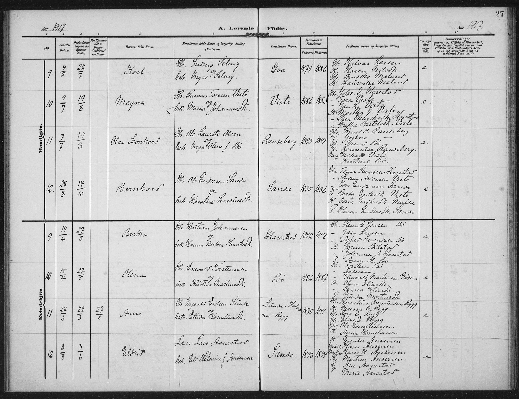 Hetland sokneprestkontor, AV/SAST-A-101826/30/30BA: Parish register (official) no. A 14, 1905-1919, p. 27