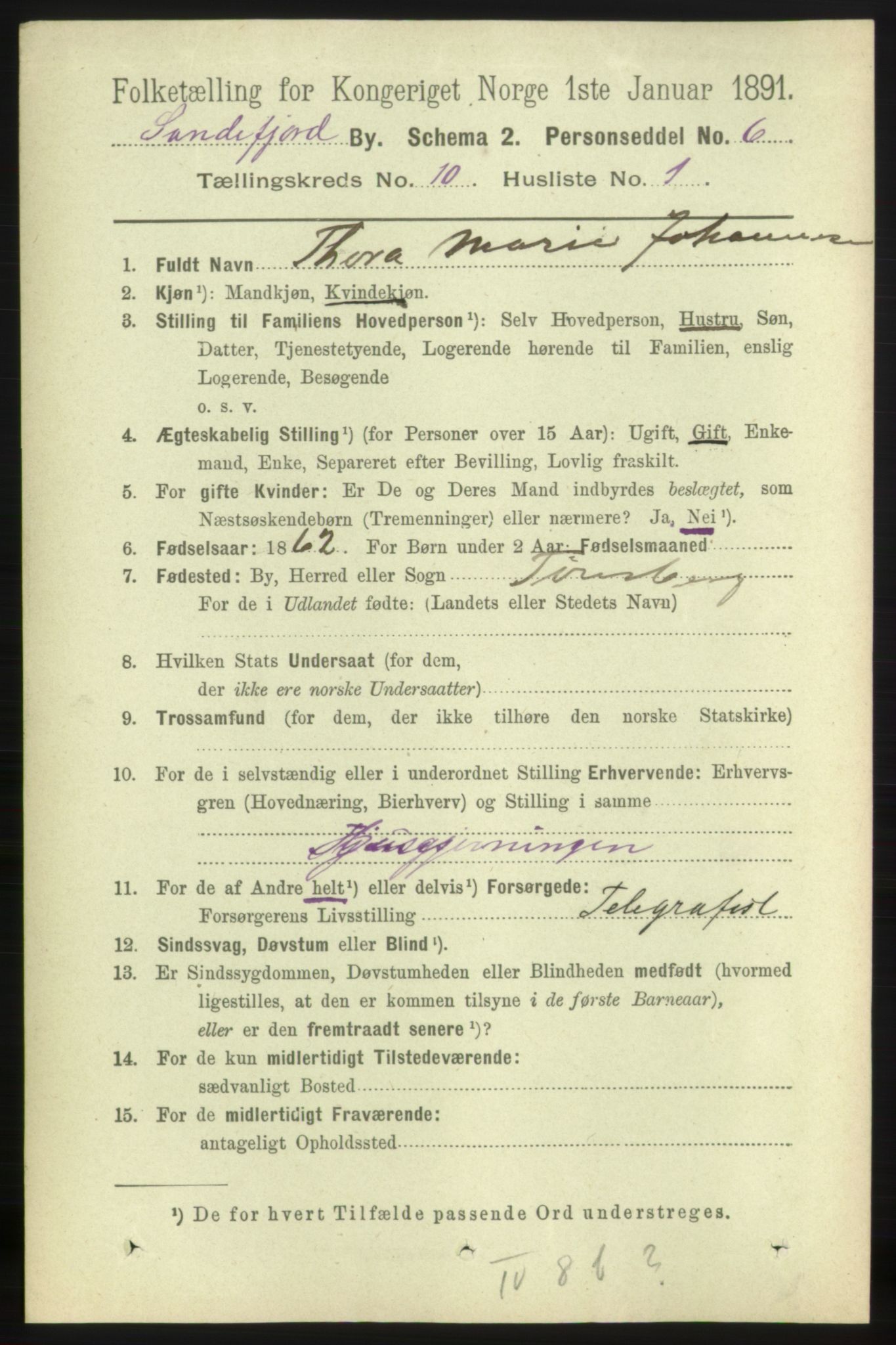 RA, 1891 census for 0706 Sandefjord, 1891, p. 3753