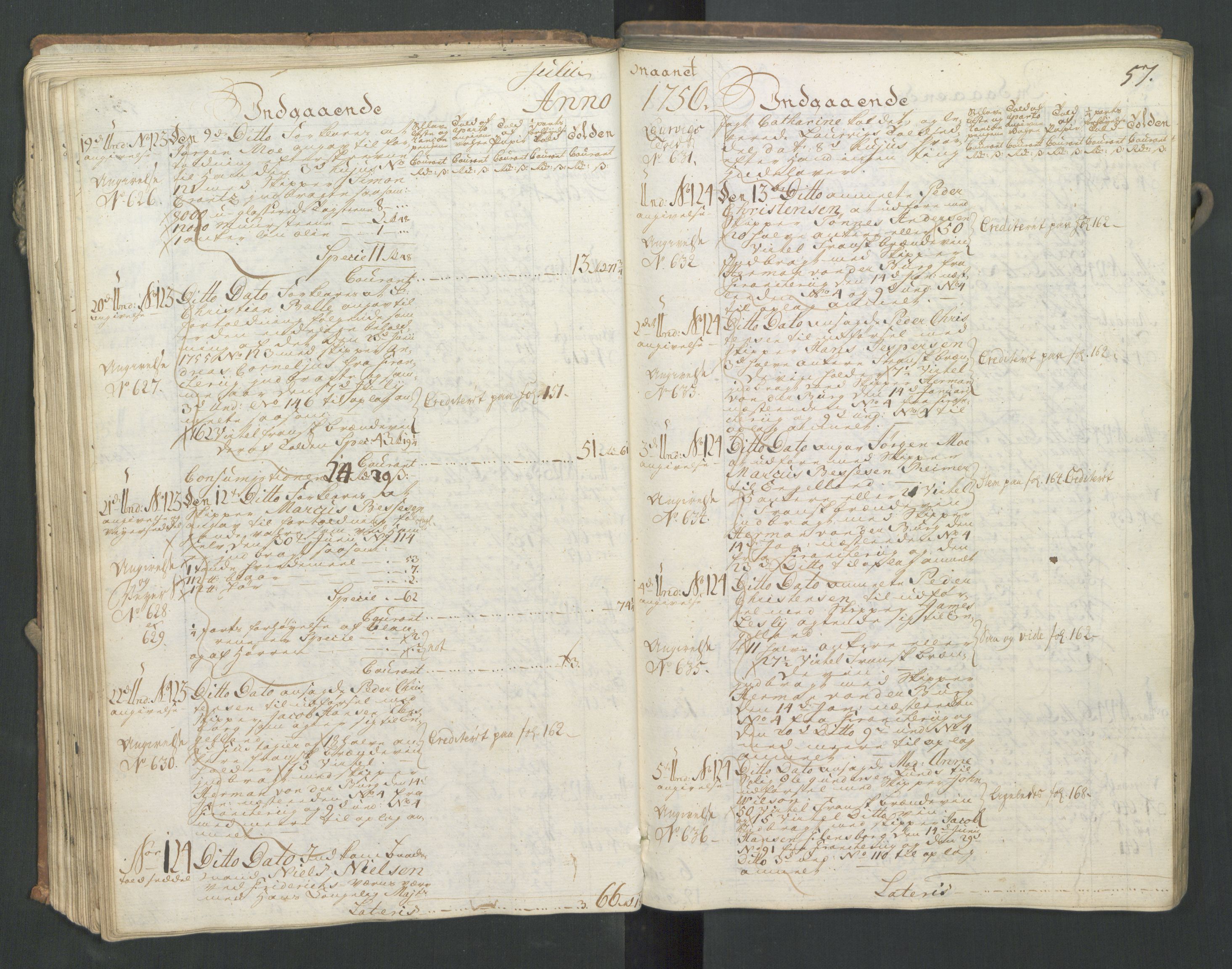 Generaltollkammeret, tollregnskaper, AV/RA-EA-5490/R16/L0033/0001: Tollregnskaper Kristiansand / Inngående hovedtollbok, 1756, p. 56b-57a