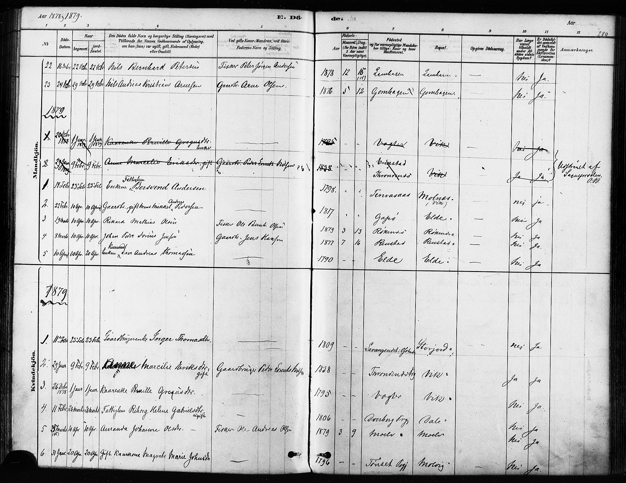 Kvæfjord sokneprestkontor, SATØ/S-1323/G/Ga/Gaa/L0005kirke: Parish register (official) no. 5, 1878-1894, p. 280
