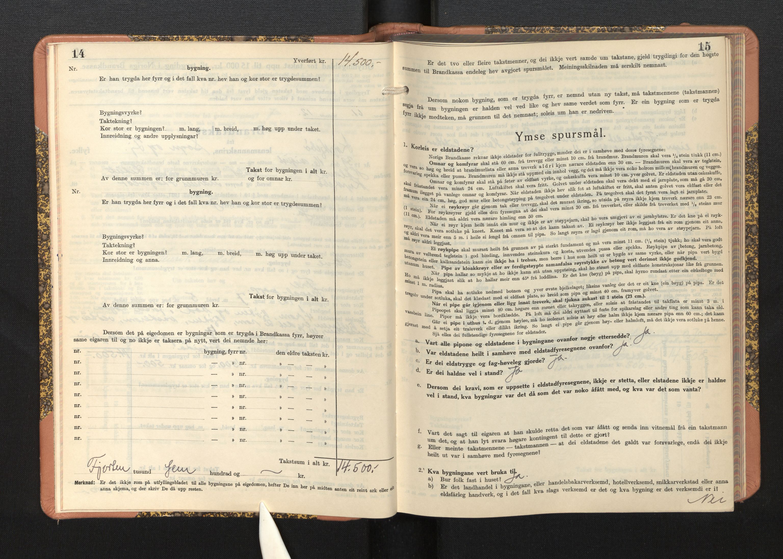 Lensmannen i Kyrkjebø, AV/SAB-A-29001/0012/L0007: Branntakstprotokoll, skjematakst, 1939-1953, p. 14-15