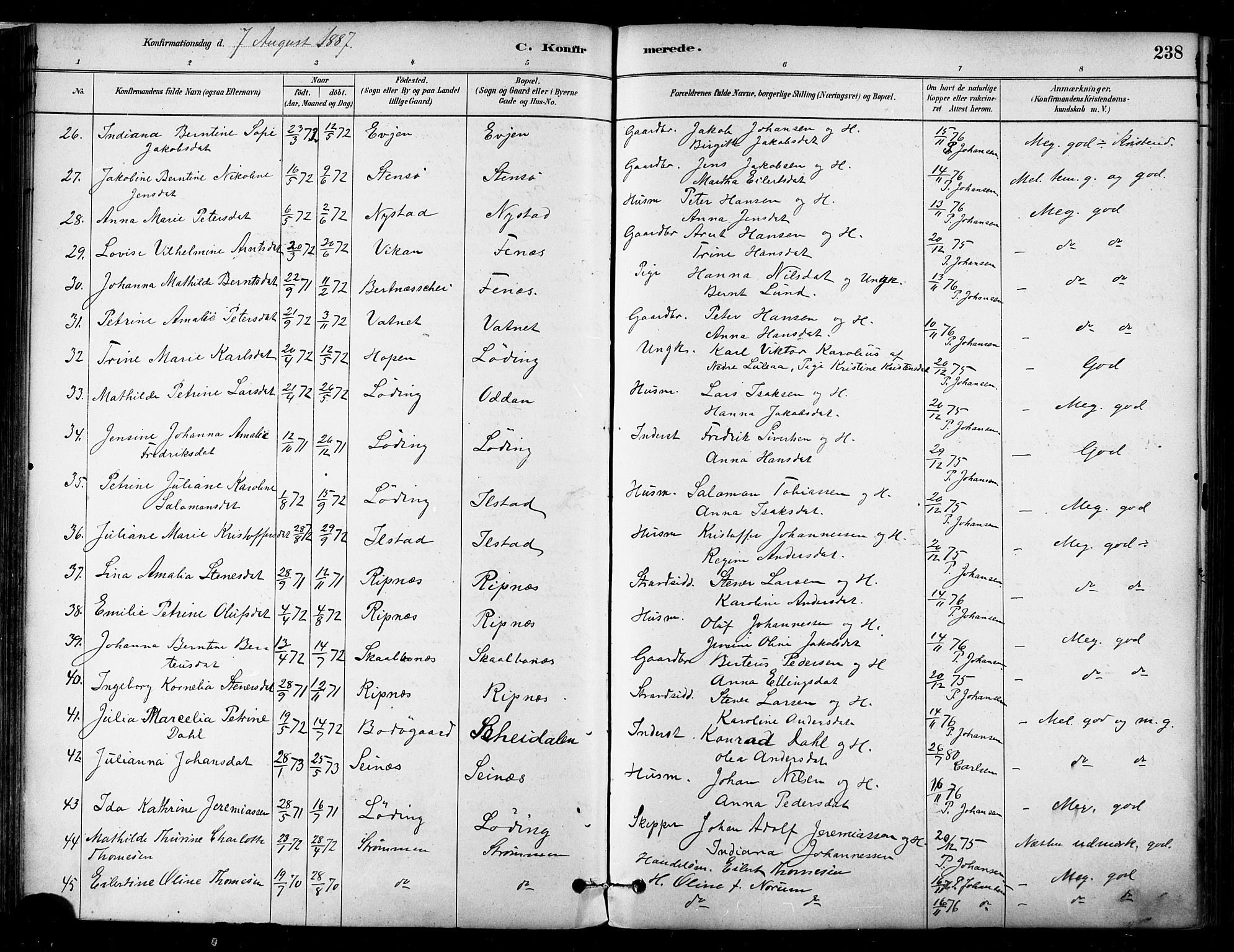 Ministerialprotokoller, klokkerbøker og fødselsregistre - Nordland, SAT/A-1459/802/L0054: Parish register (official) no. 802A01, 1879-1893, p. 238