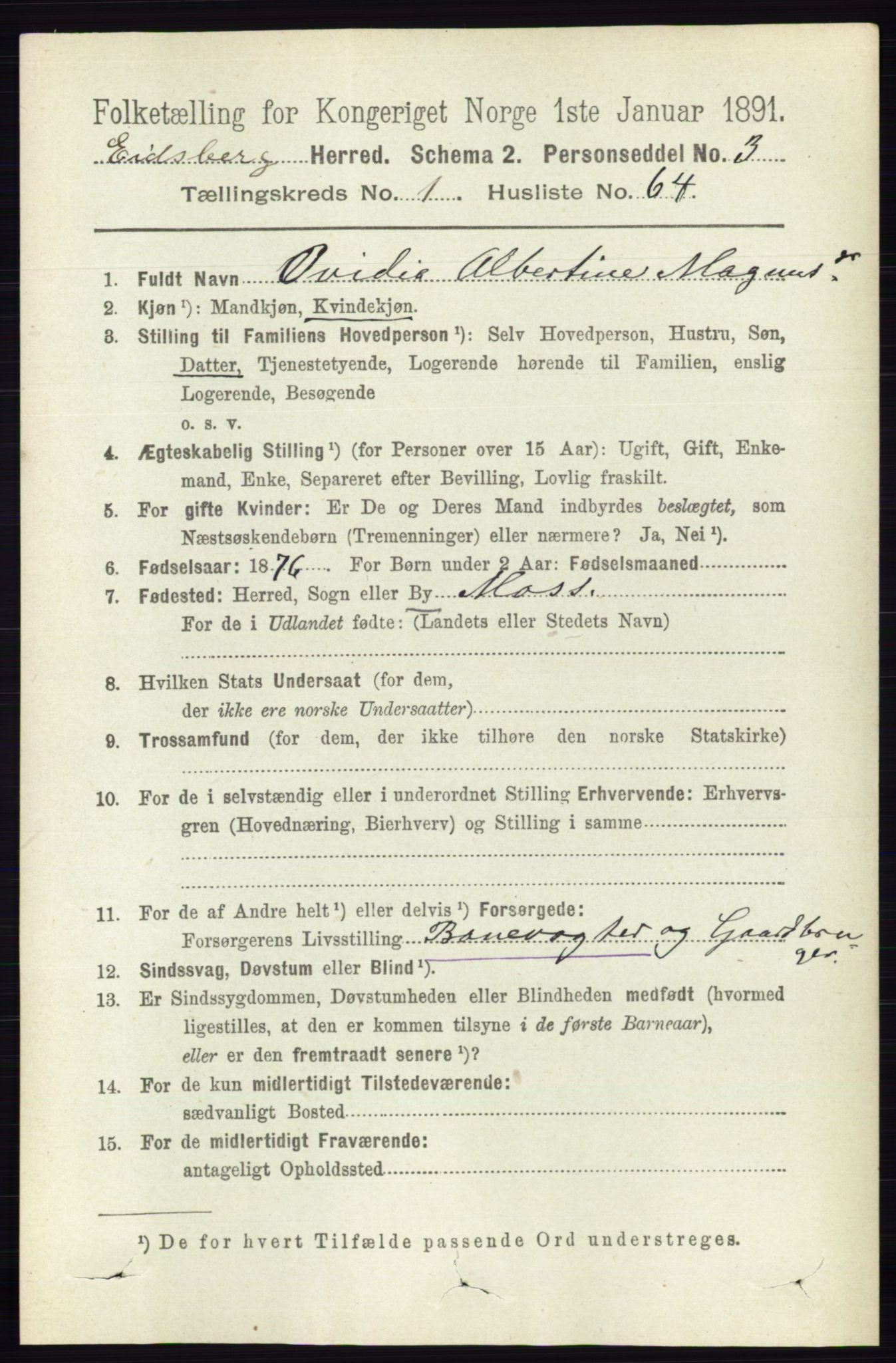 RA, 1891 census for 0125 Eidsberg, 1891, p. 536