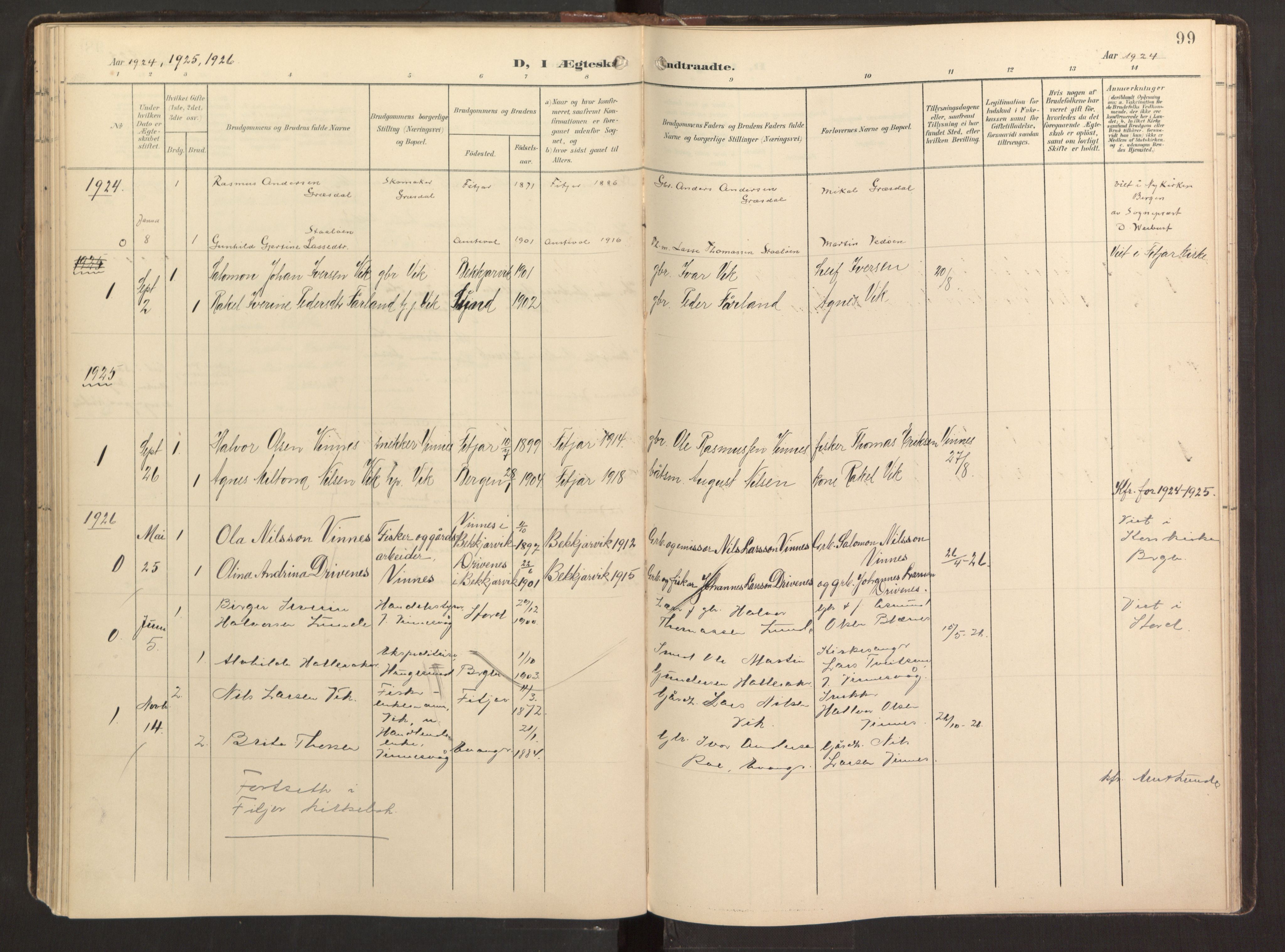 Fitjar sokneprestembete, SAB/A-99926: Parish register (official) no. B 1, 1900-1926, p. 99