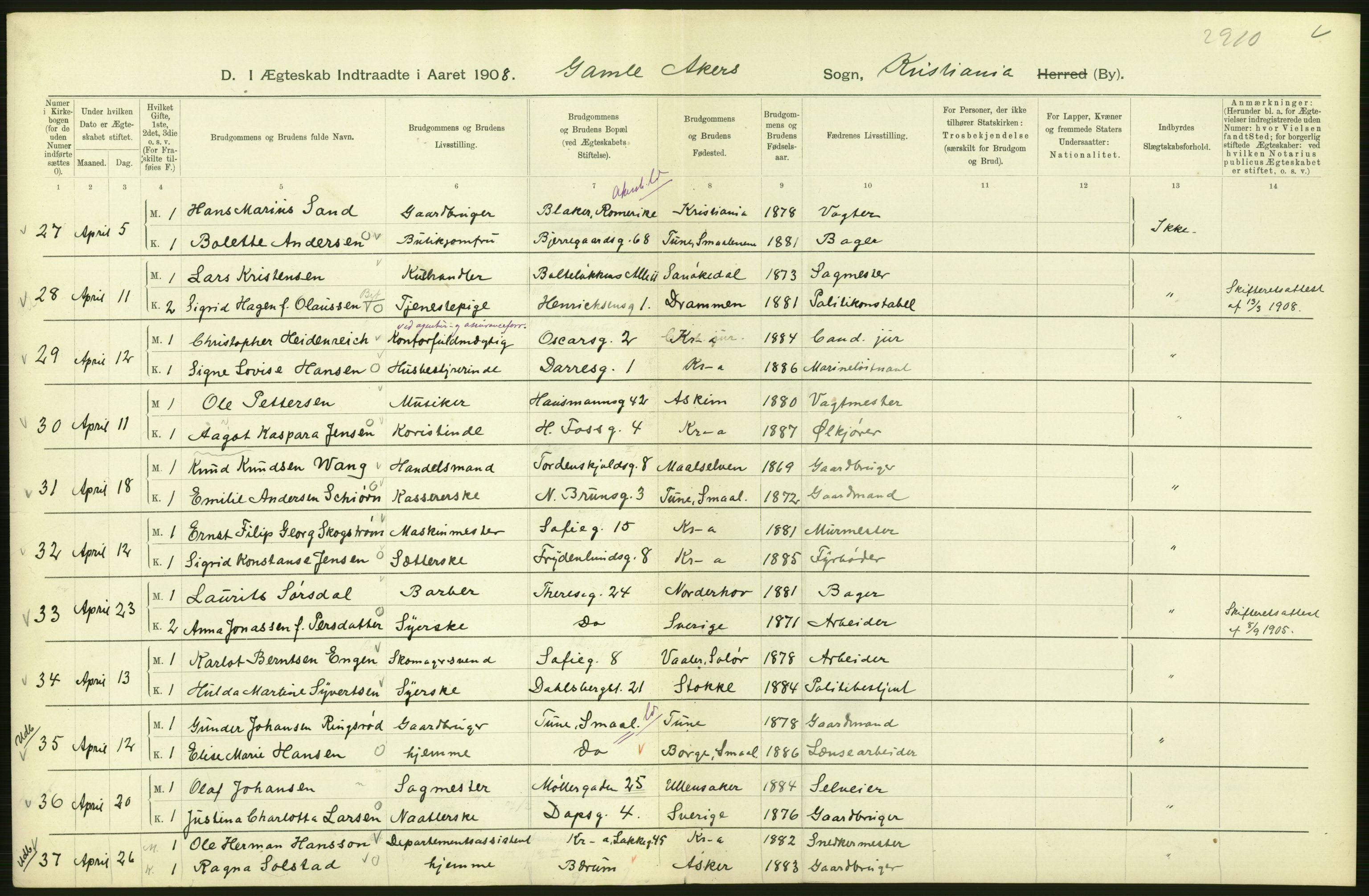 Statistisk sentralbyrå, Sosiodemografiske emner, Befolkning, AV/RA-S-2228/D/Df/Dfa/Dfaf/L0007: Kristiania: Gifte, 1908, p. 302