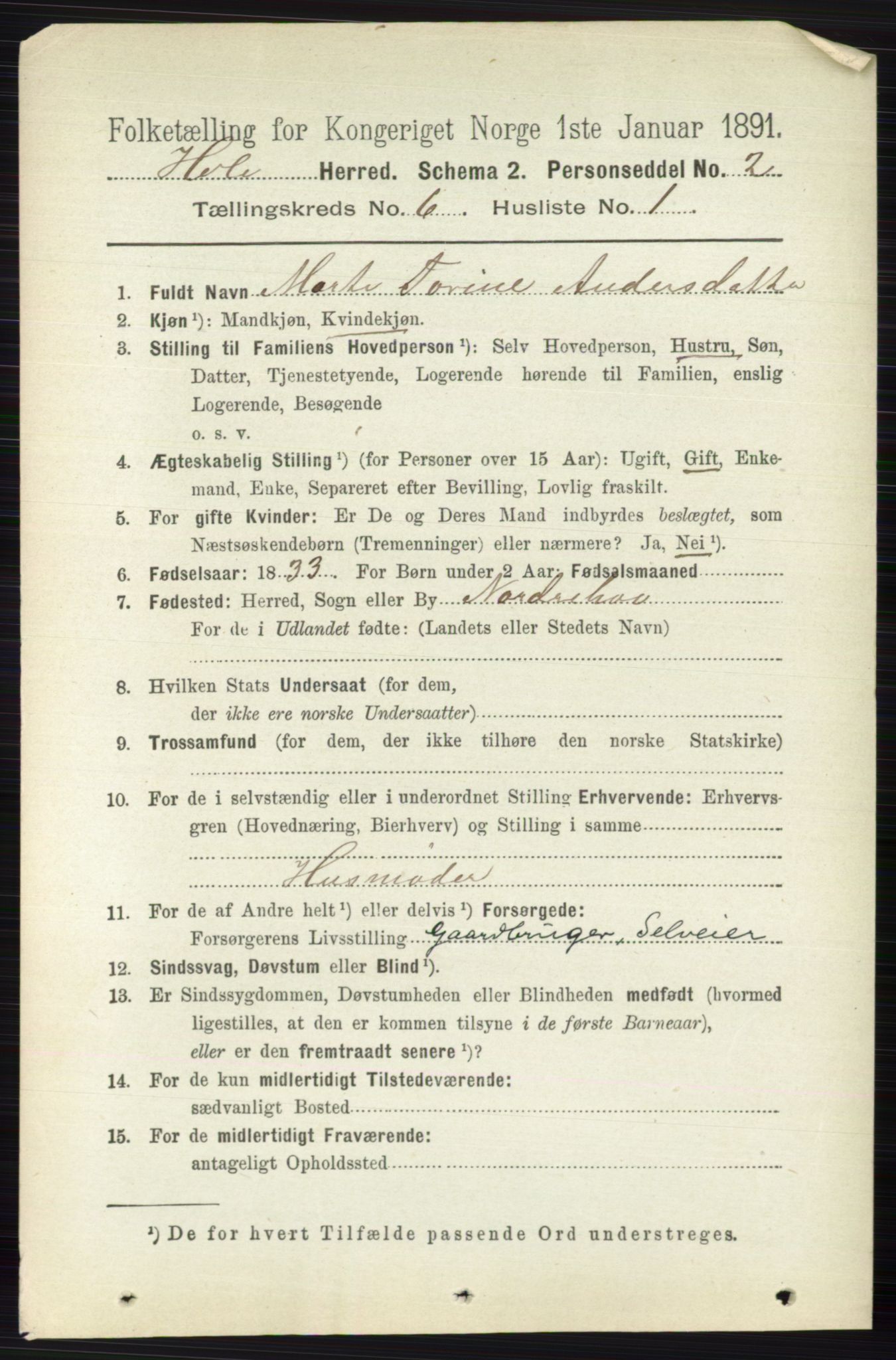 RA, 1891 census for 0612 Hole, 1891, p. 3105