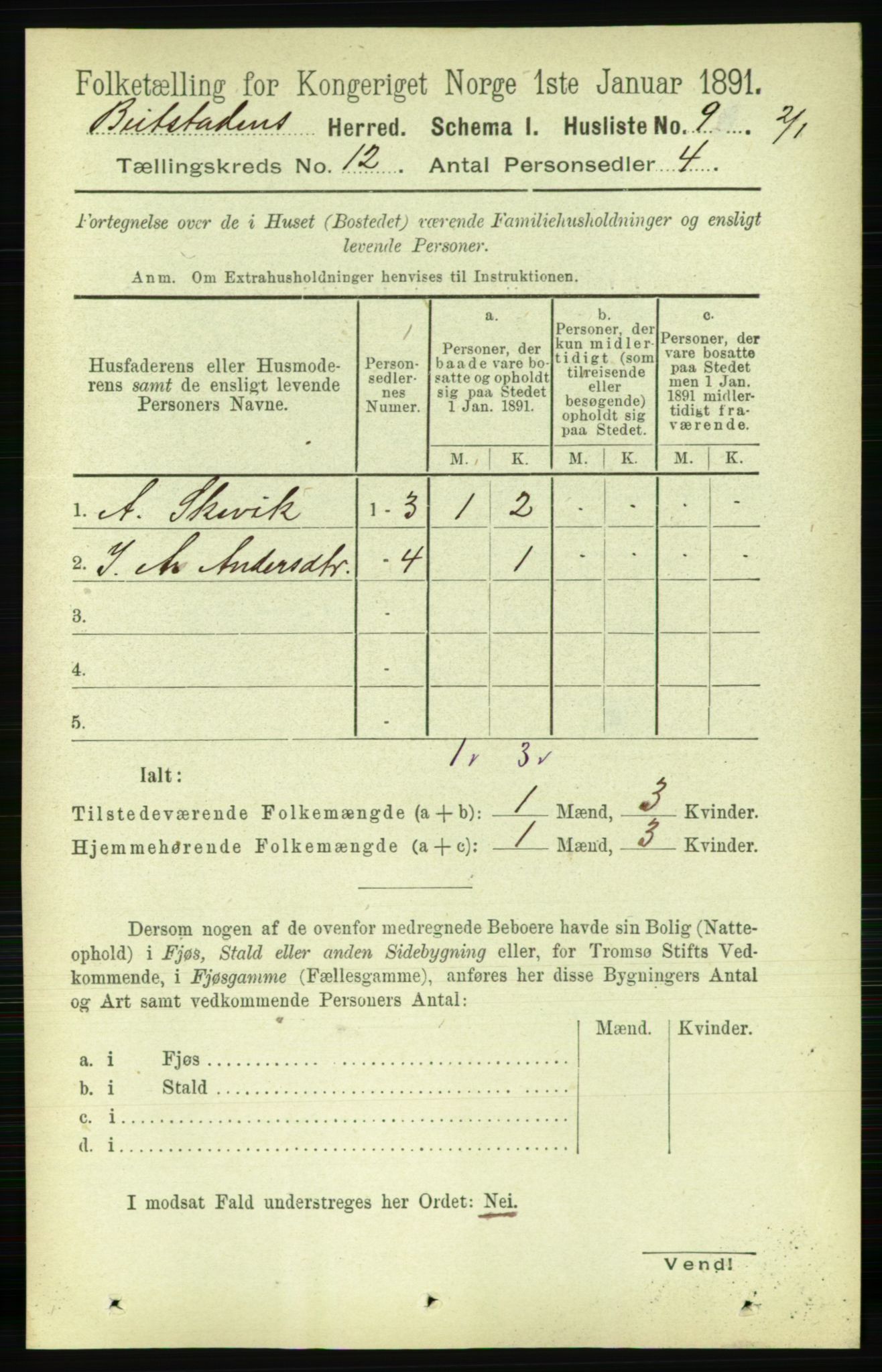 RA, 1891 census for 1727 Beitstad, 1891, p. 3335