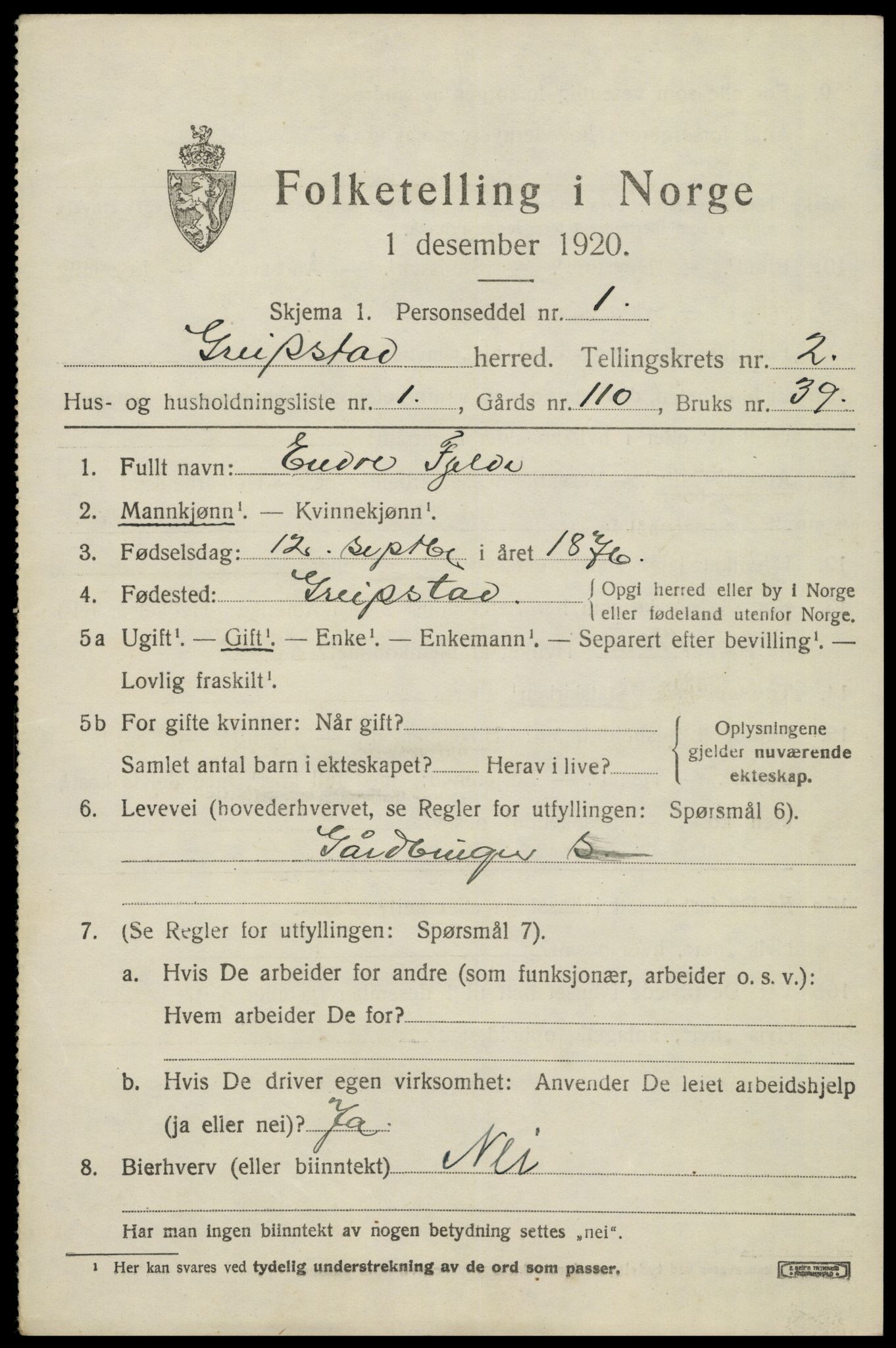 SAK, 1920 census for Greipstad, 1920, p. 872