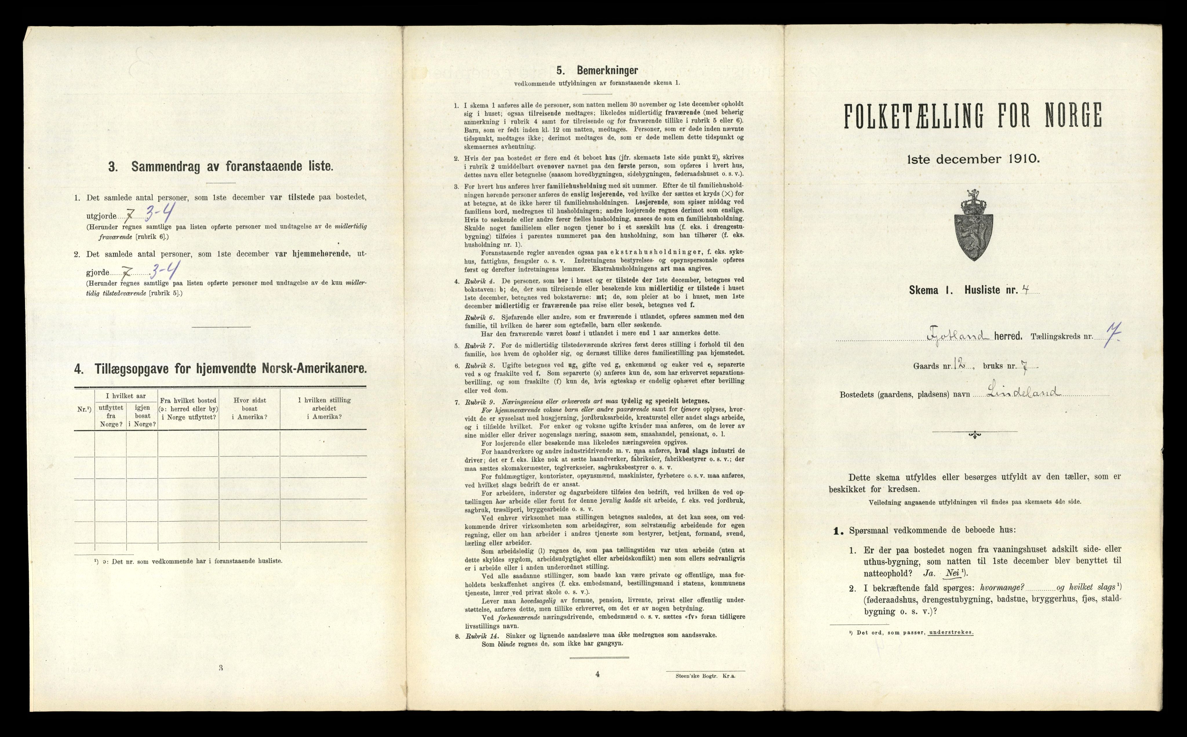 RA, 1910 census for Fjotland, 1910, p. 294