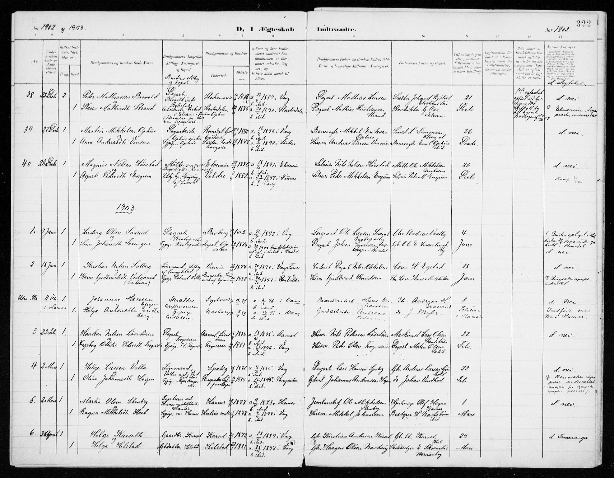 Vang prestekontor, Hedmark, AV/SAH-PREST-008/H/Ha/Haa/L0021: Parish register (official) no. 21, 1902-1917, p. 322