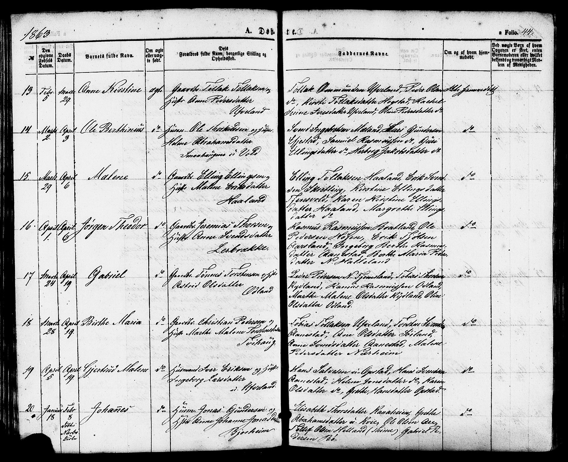 Hå sokneprestkontor, AV/SAST-A-101801/001/30BA/L0009: Parish register (official) no. A 8, 1855-1878, p. 44