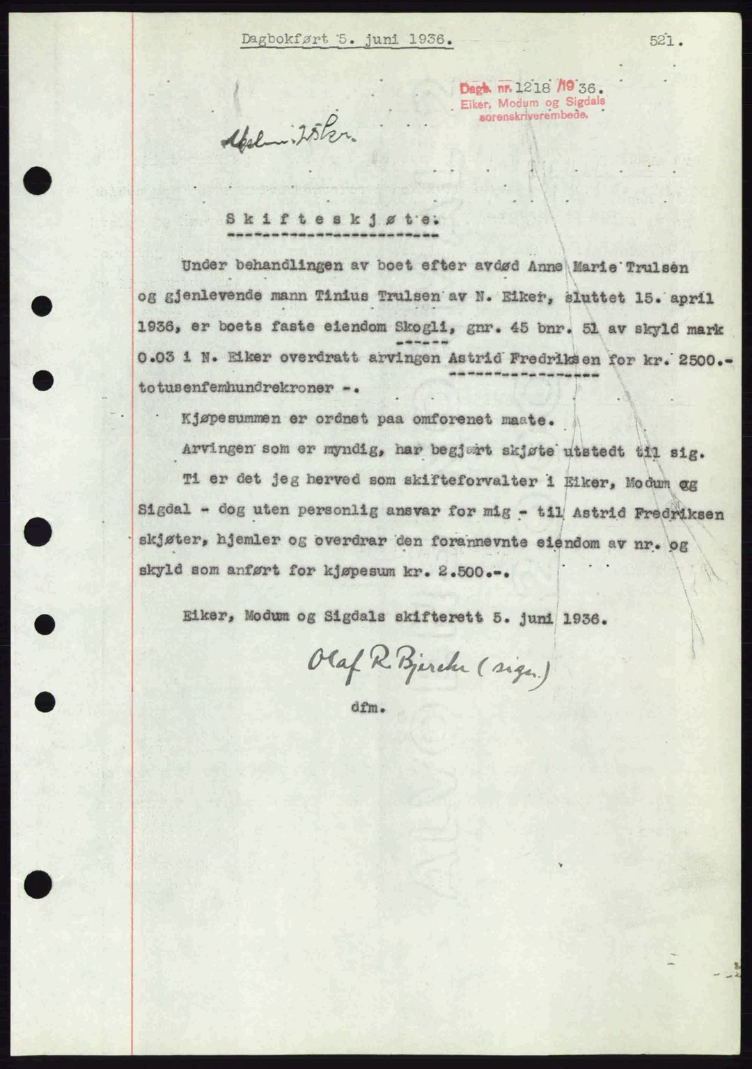 Eiker, Modum og Sigdal sorenskriveri, SAKO/A-123/G/Ga/Gab/L0032: Mortgage book no. A2, 1936-1936, Diary no: : 1218/1936