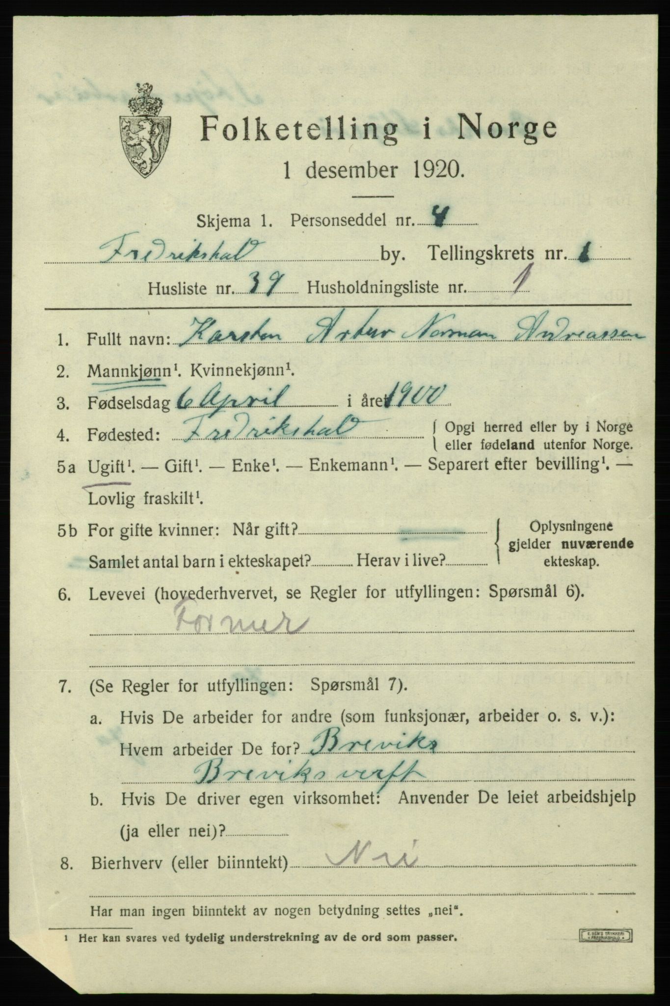 SAO, 1920 census for Fredrikshald, 1920, p. 8851