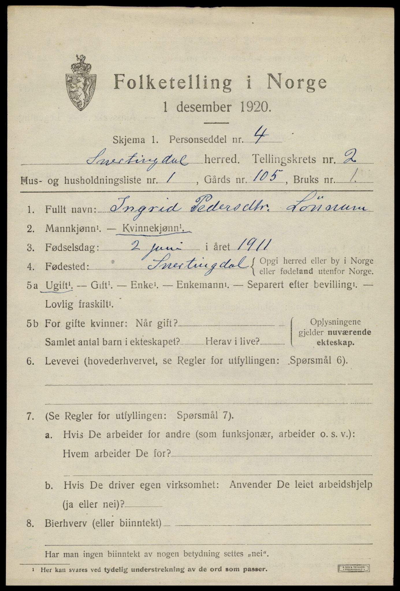 SAH, 1920 census for Snertingdal, 1920, p. 1365