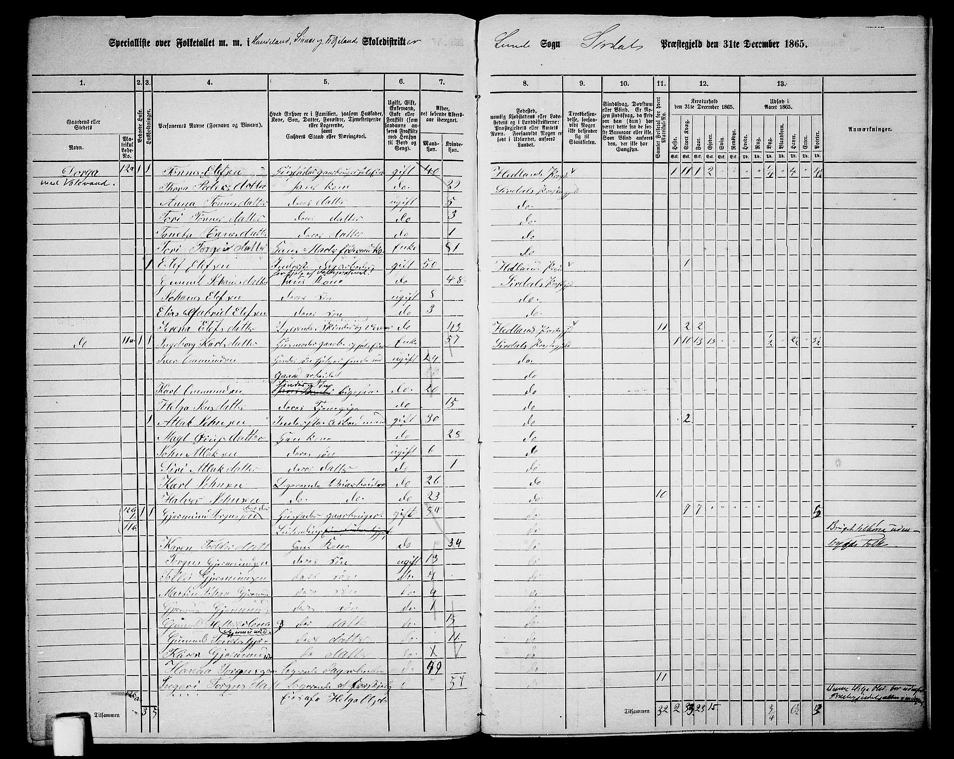 RA, 1865 census for Sirdal, 1865, p. 75