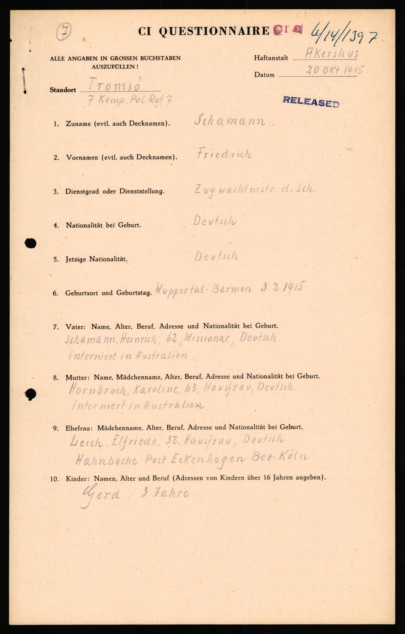 Forsvaret, Forsvarets overkommando II, AV/RA-RAFA-3915/D/Db/L0029: CI Questionaires. Tyske okkupasjonsstyrker i Norge. Tyskere., 1945-1946, p. 44