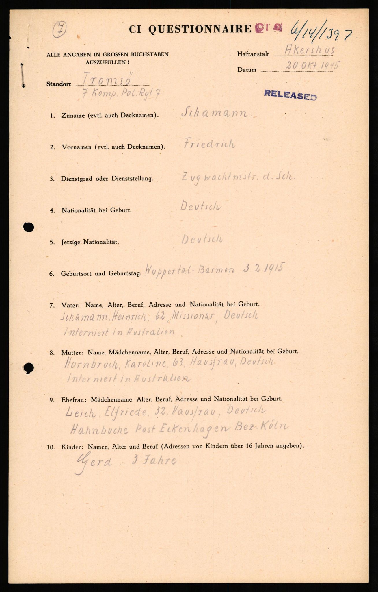 Forsvaret, Forsvarets overkommando II, RA/RAFA-3915/D/Db/L0029: CI Questionaires. Tyske okkupasjonsstyrker i Norge. Tyskere., 1945-1946, p. 44