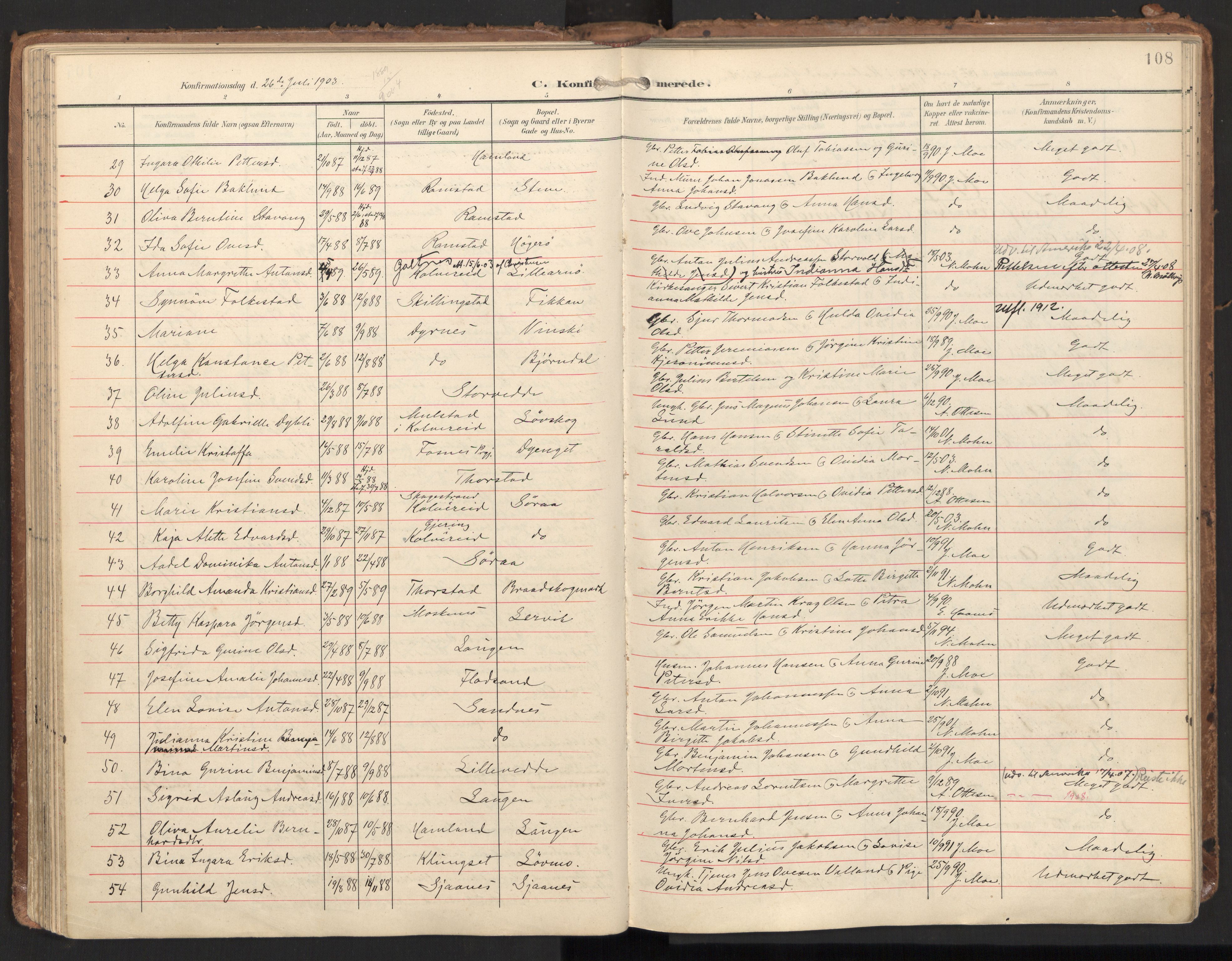 Ministerialprotokoller, klokkerbøker og fødselsregistre - Nord-Trøndelag, AV/SAT-A-1458/784/L0677: Parish register (official) no. 784A12, 1900-1920, p. 108