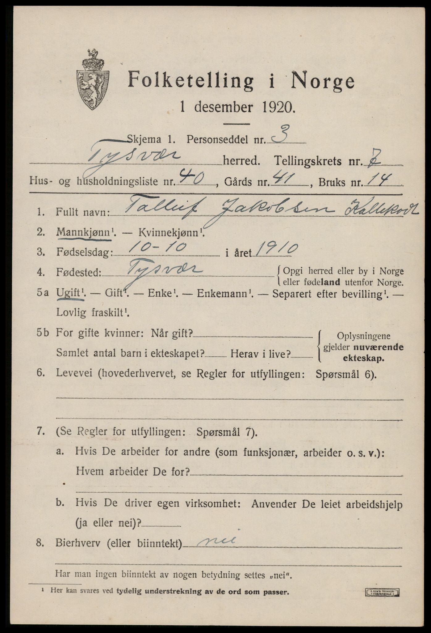 SAST, 1920 census for Tysvær, 1920, p. 2824