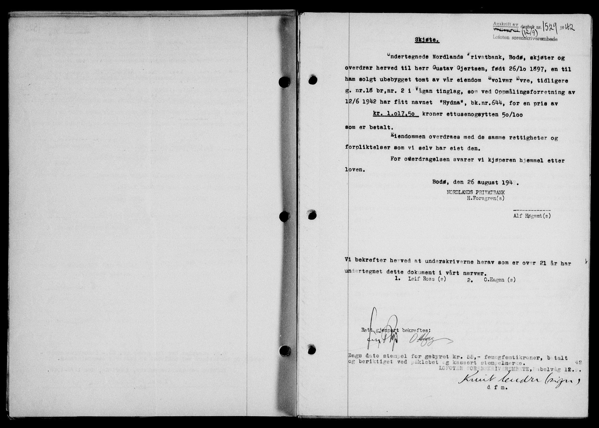 Lofoten sorenskriveri, SAT/A-0017/1/2/2C/L0010a: Mortgage book no. 10a, 1942-1943, Diary no: : 1529/1942