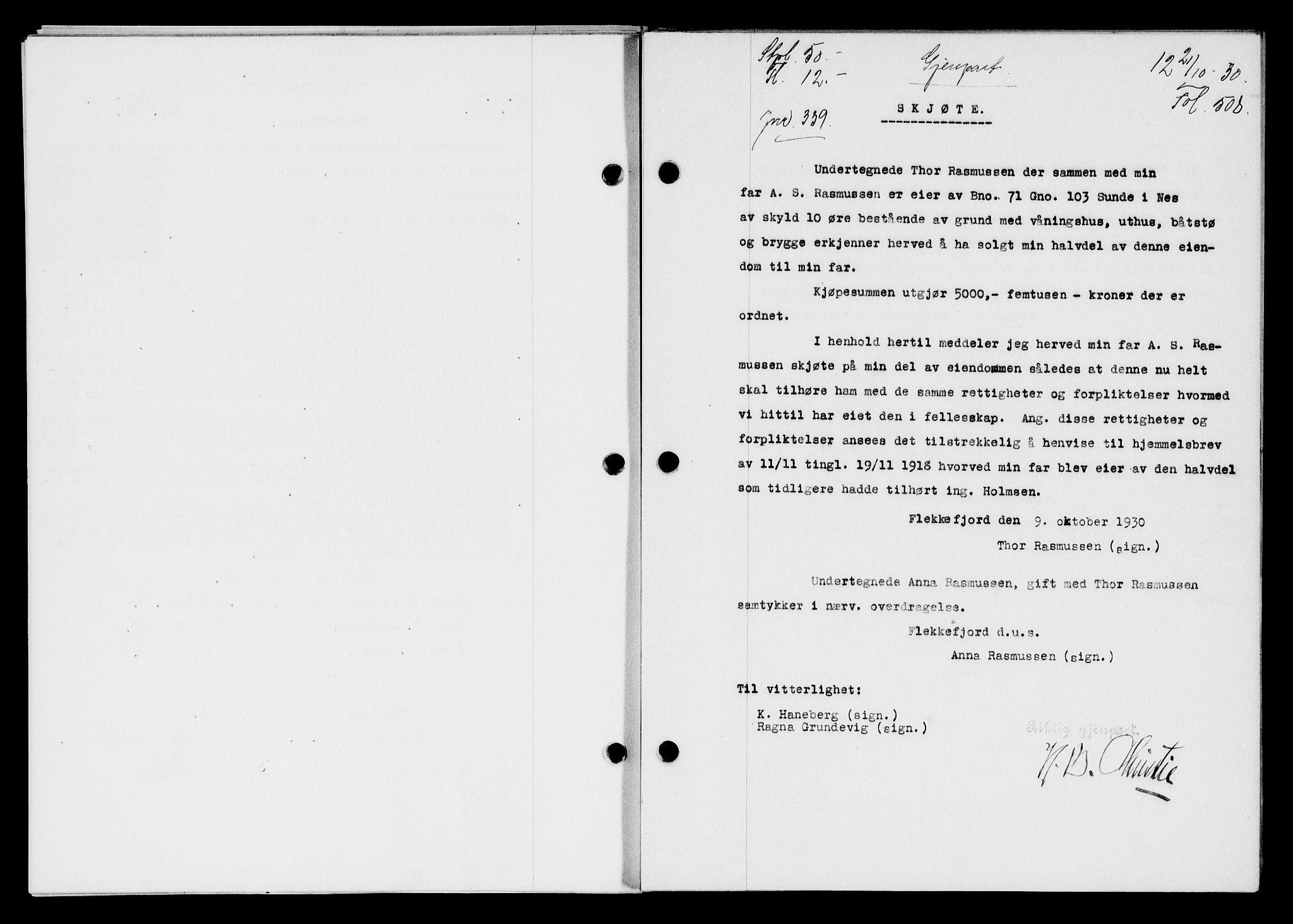 Flekkefjord sorenskriveri, SAK/1221-0001/G/Gb/Gba/L0046: Mortgage book no. 44, 1930-1931, Deed date: 21.10.1930
