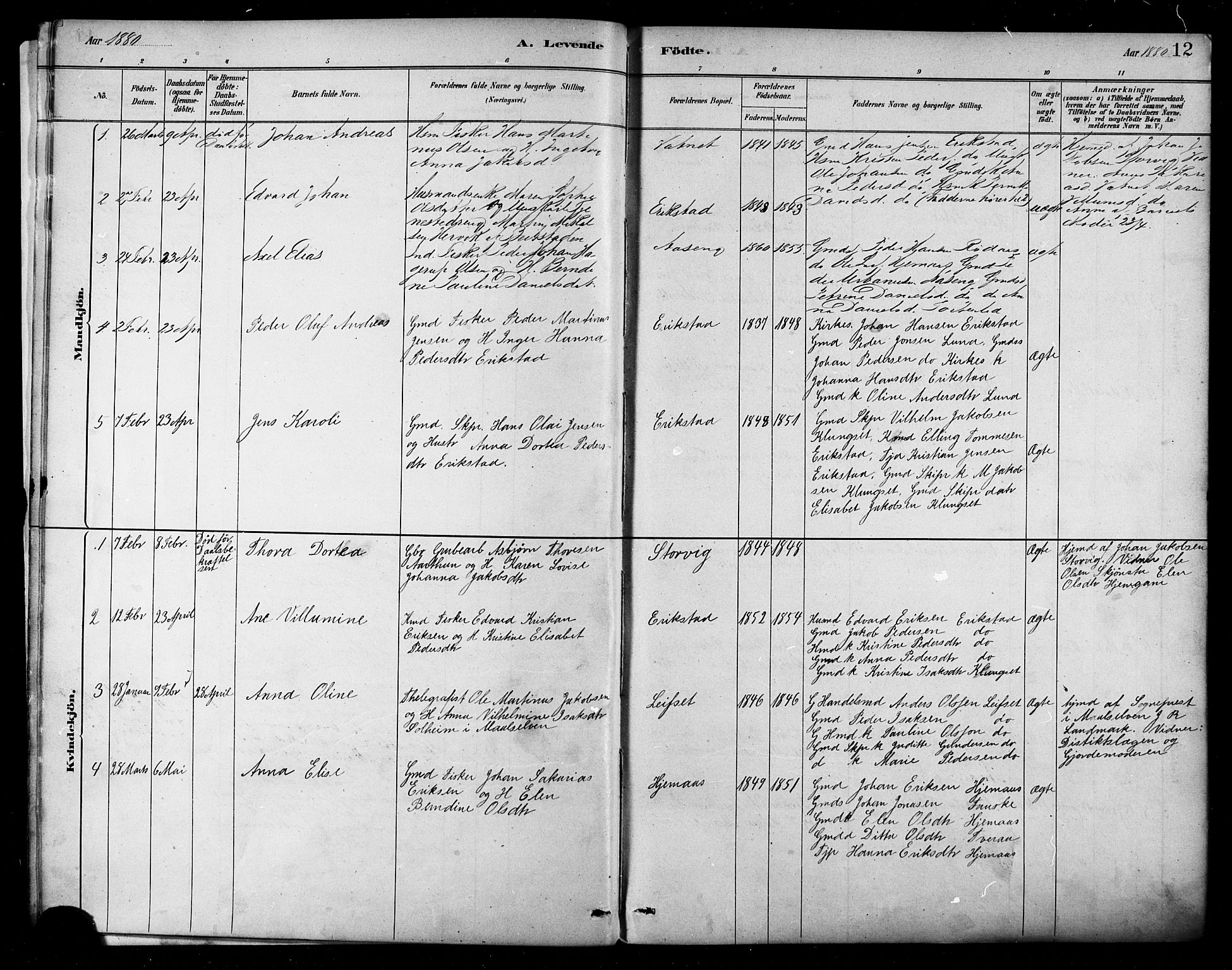 Ministerialprotokoller, klokkerbøker og fødselsregistre - Nordland, AV/SAT-A-1459/849/L0689: Parish register (official) no. 849A01, 1879-1889, p. 12