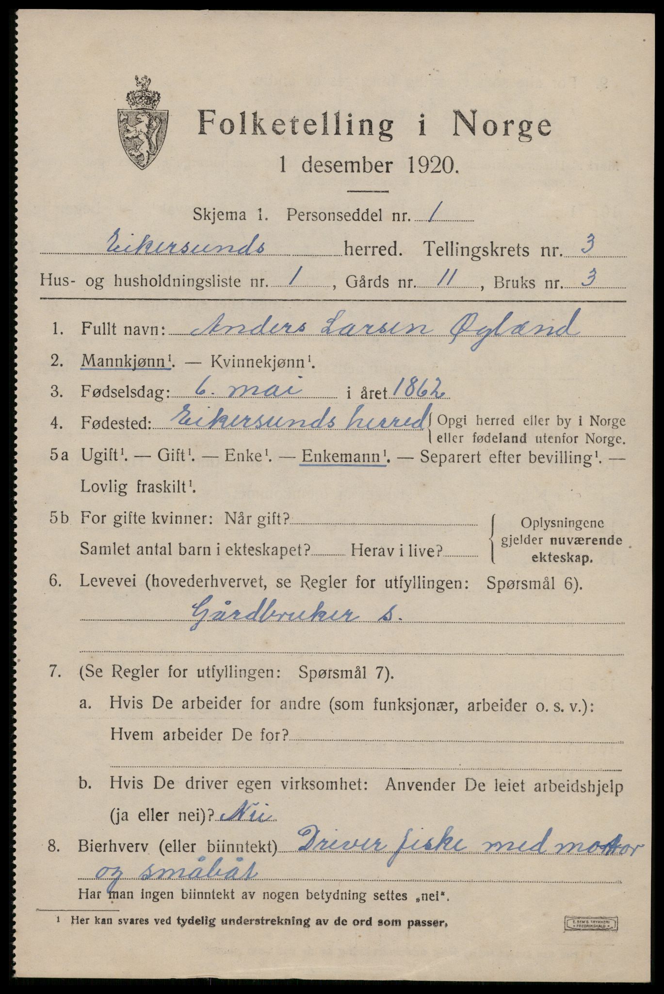 SAST, 1920 census for Eigersund, 1920, p. 2313