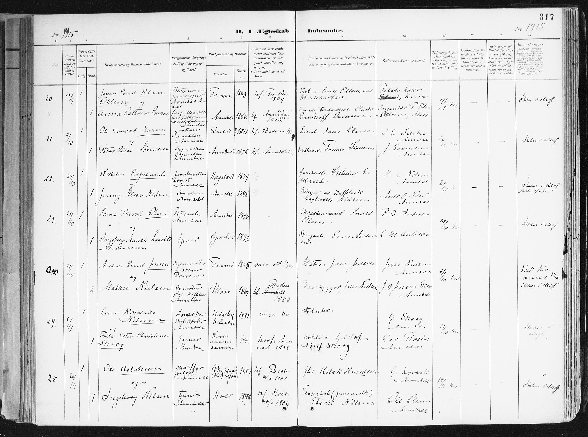 Arendal sokneprestkontor, Trefoldighet, AV/SAK-1111-0040/F/Fa/L0010: Parish register (official) no. A 10, 1900-1919, p. 317