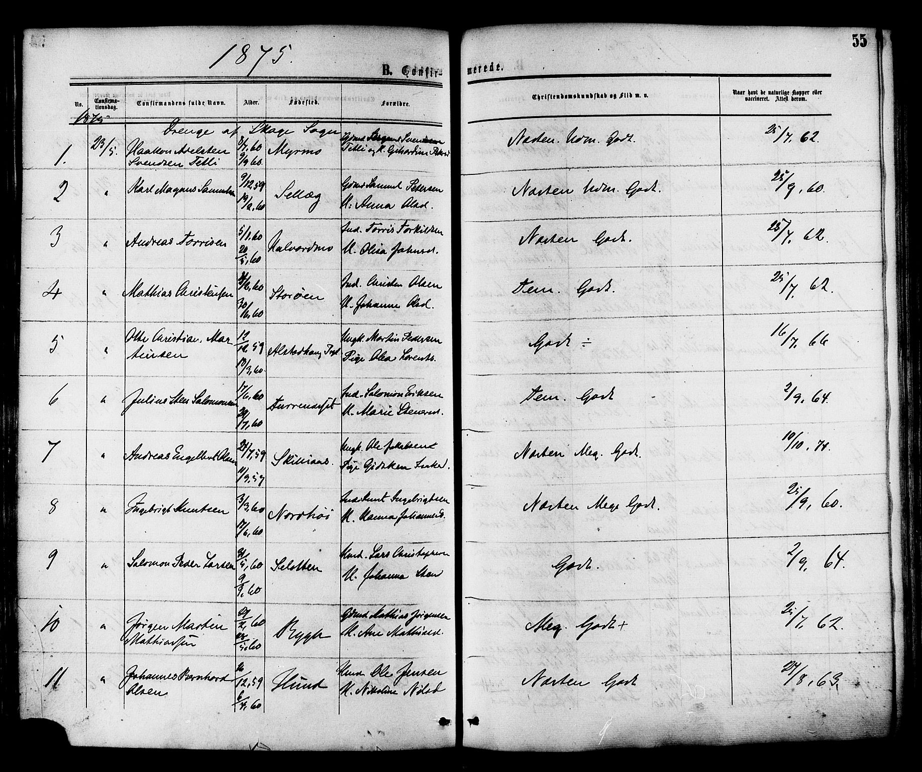 Ministerialprotokoller, klokkerbøker og fødselsregistre - Nord-Trøndelag, SAT/A-1458/764/L0553: Parish register (official) no. 764A08, 1858-1880, p. 55