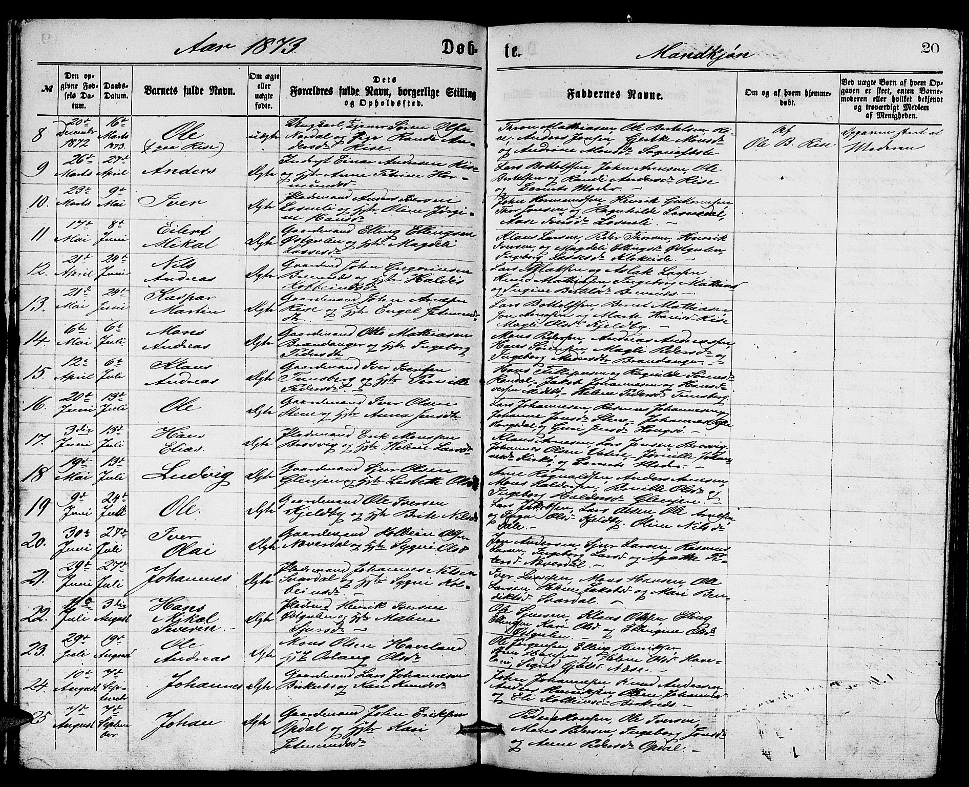 Gulen sokneprestembete, AV/SAB-A-80201/H/Hab/Habb/L0002: Parish register (copy) no. B 2, 1867-1883, p. 20