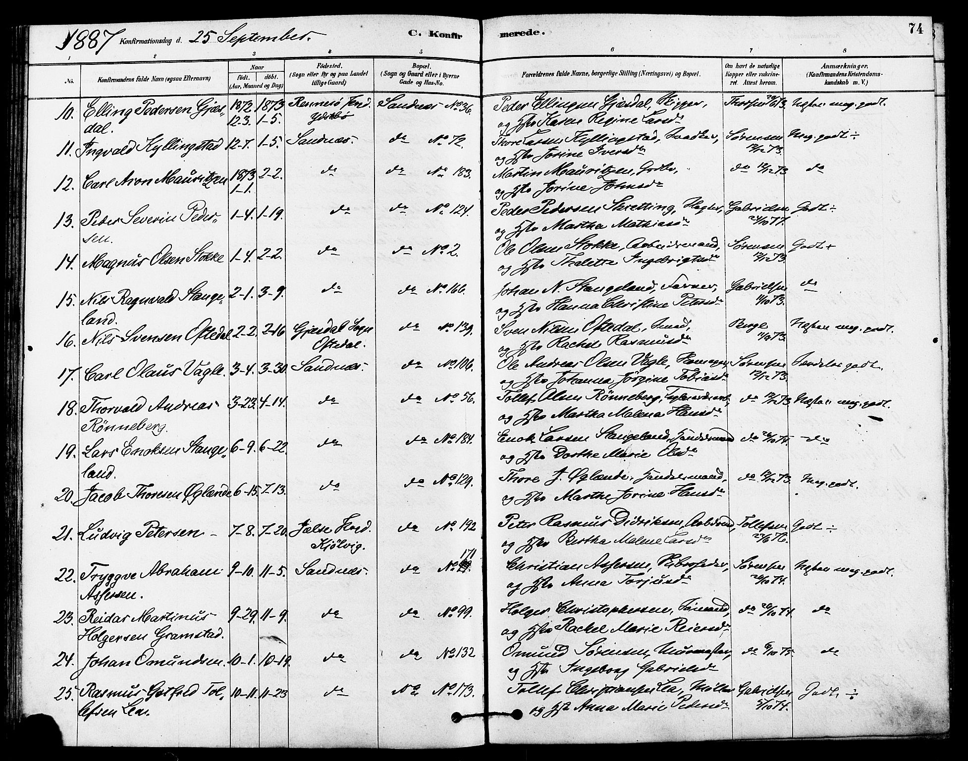 Høyland sokneprestkontor, AV/SAST-A-101799/001/30BA/L0012: Parish register (official) no. A 11, 1878-1889, p. 74