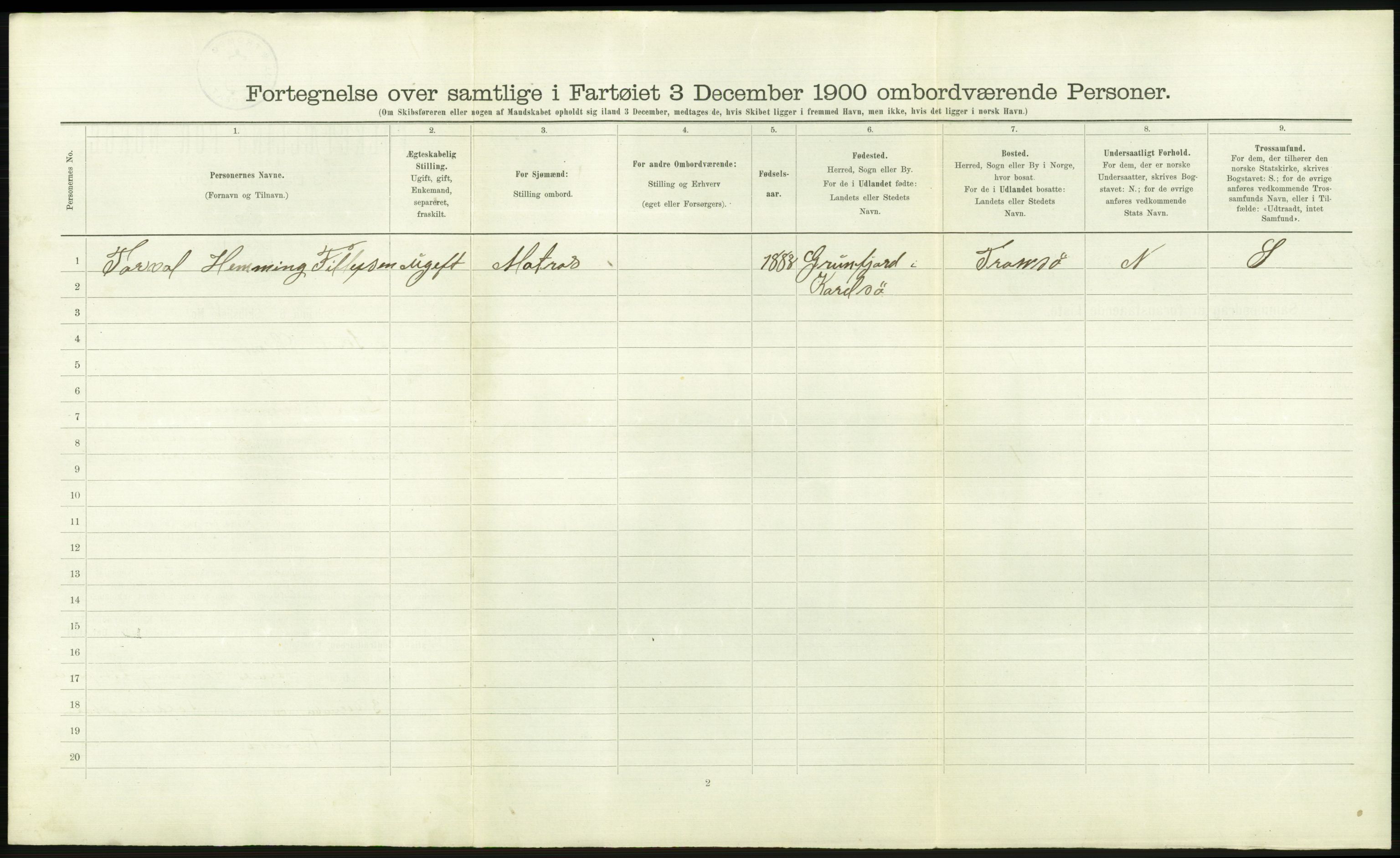 RA, 1900 Census - ship lists from ships in Norwegian harbours, harbours abroad and at sea, 1900, p. 2696