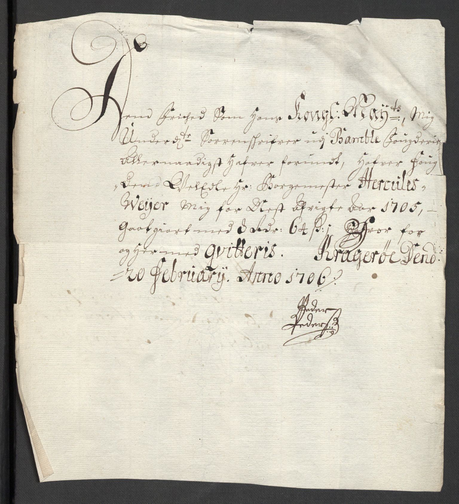 Rentekammeret inntil 1814, Reviderte regnskaper, Fogderegnskap, AV/RA-EA-4092/R36/L2114: Fogderegnskap Øvre og Nedre Telemark og Bamble, 1705, p. 255