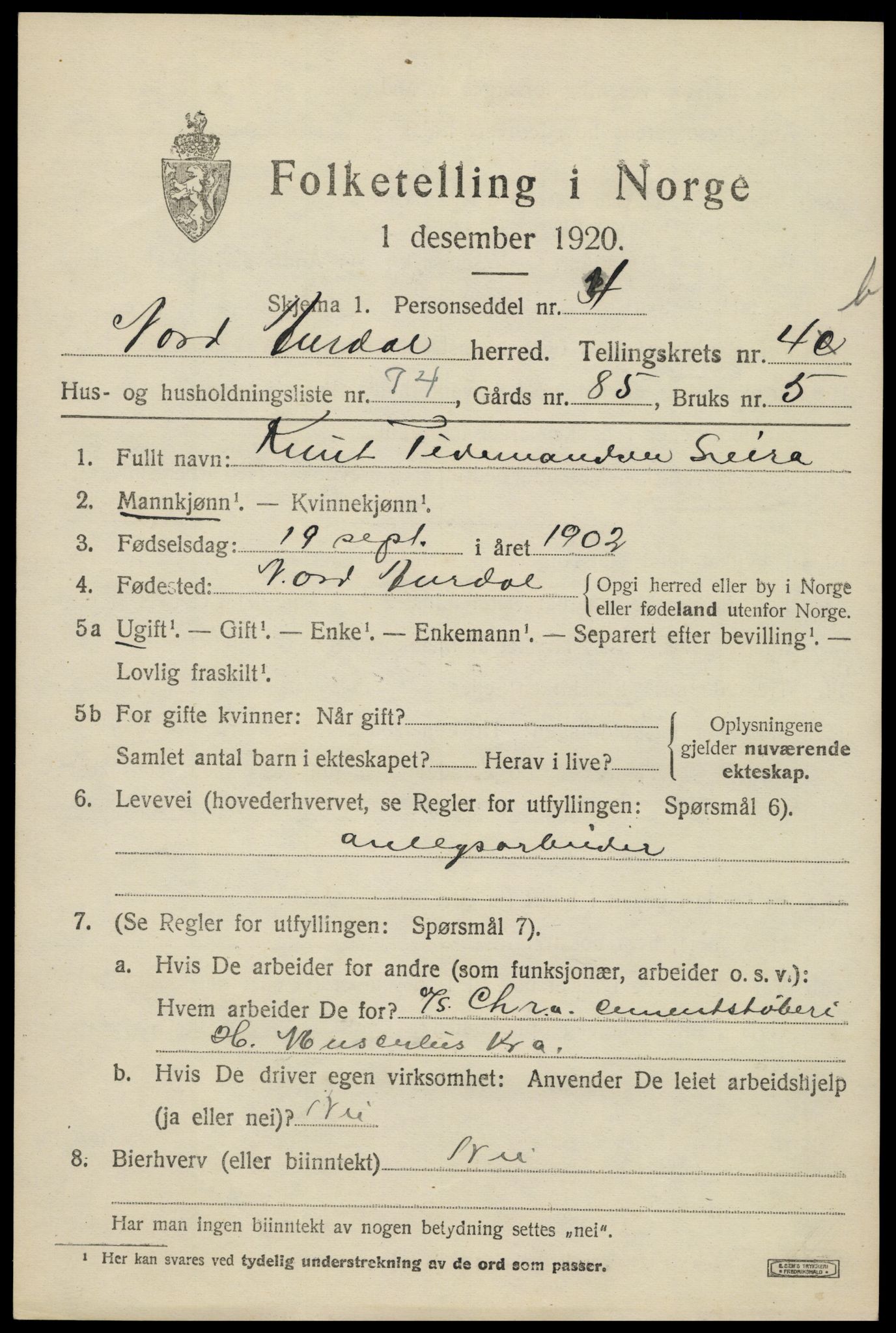 SAH, 1920 census for Nord-Aurdal, 1920, p. 4584