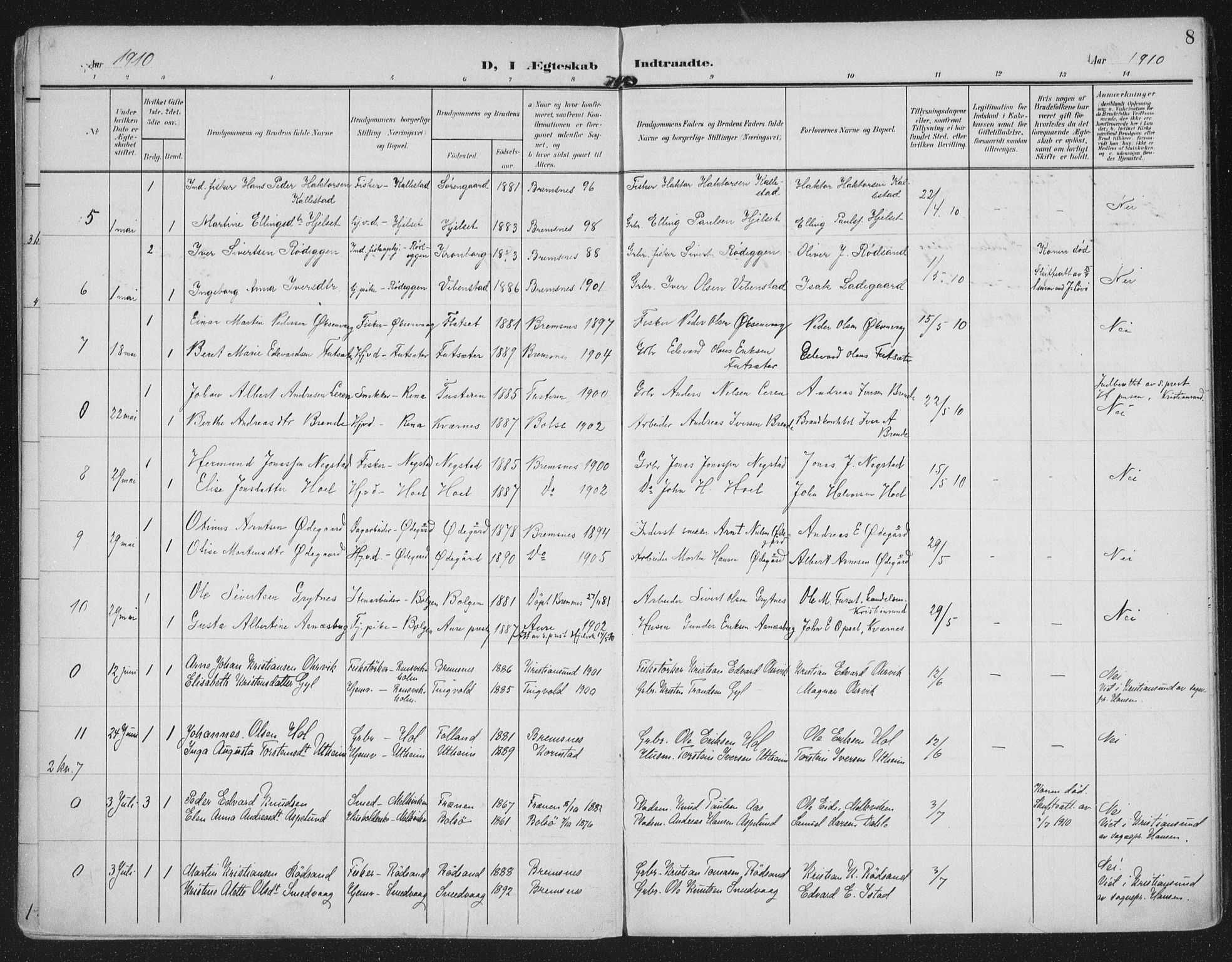 Ministerialprotokoller, klokkerbøker og fødselsregistre - Møre og Romsdal, AV/SAT-A-1454/569/L0822: Parish register (official) no. 569A08, 1908-1919, p. 8