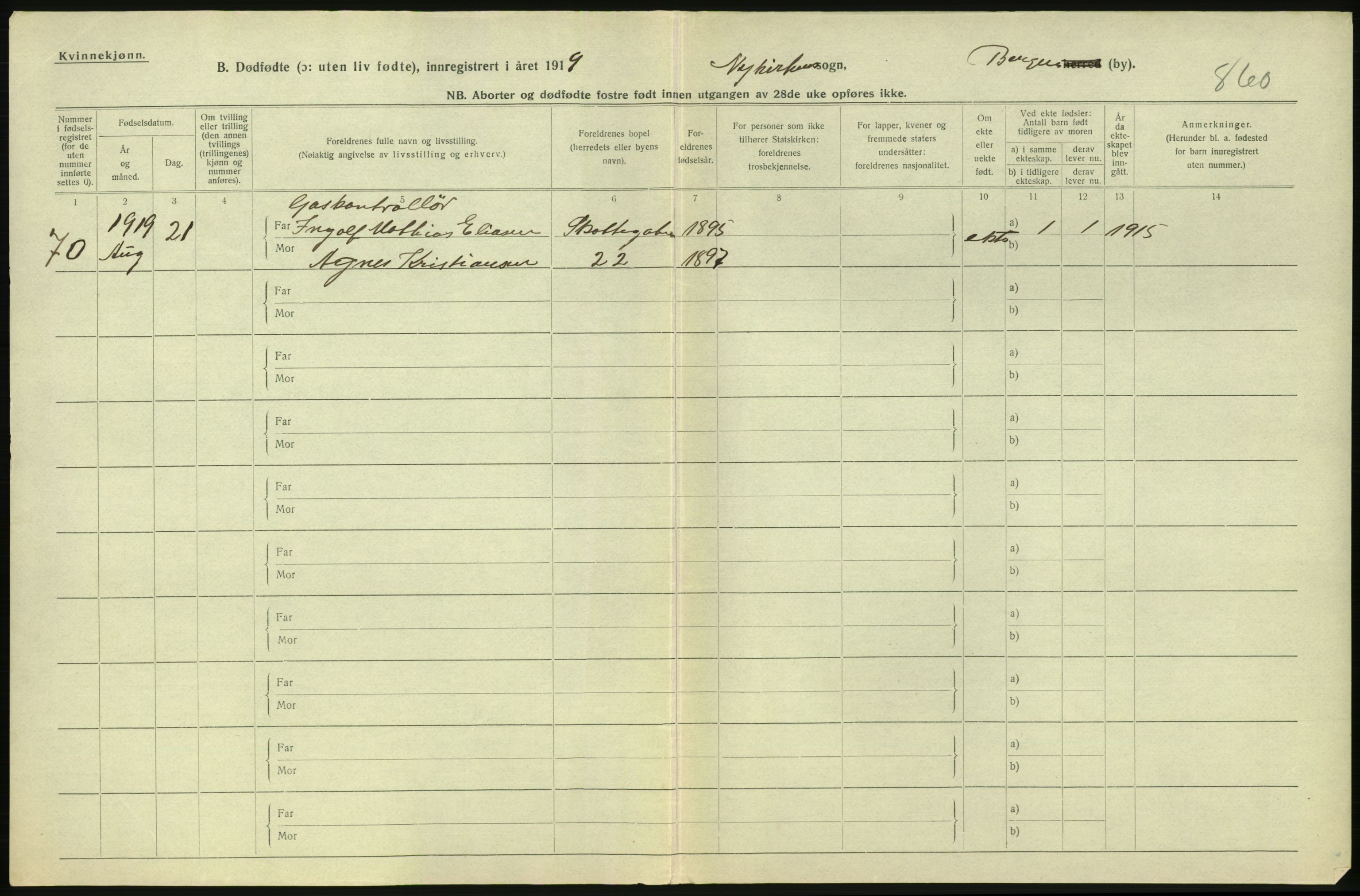 Statistisk sentralbyrå, Sosiodemografiske emner, Befolkning, AV/RA-S-2228/D/Df/Dfb/Dfbi/L0035: Bergen: Gifte, døde, dødfødte., 1919, p. 744