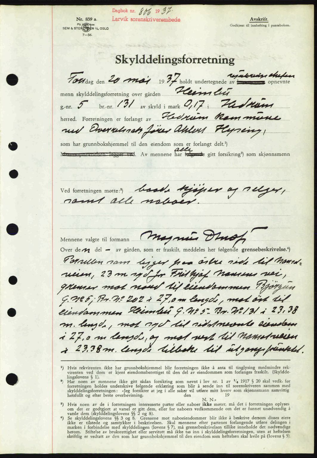 Larvik sorenskriveri, SAKO/A-83/G/Ga/Gab/L0067: Mortgage book no. A-1, 1936-1937, Diary no: : 806/1937