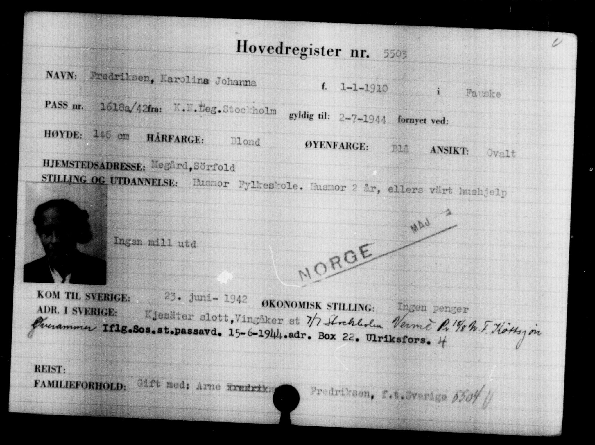 Utenriksstasjonene, Legasjonen i Stockholm, Flyktningkontoret, AV/RA-S-6753/V/Va/L0004: Kjesäterkartoteket, flyktninger med registreringsnr. 3496-6610, 1940-1945, p. 2322