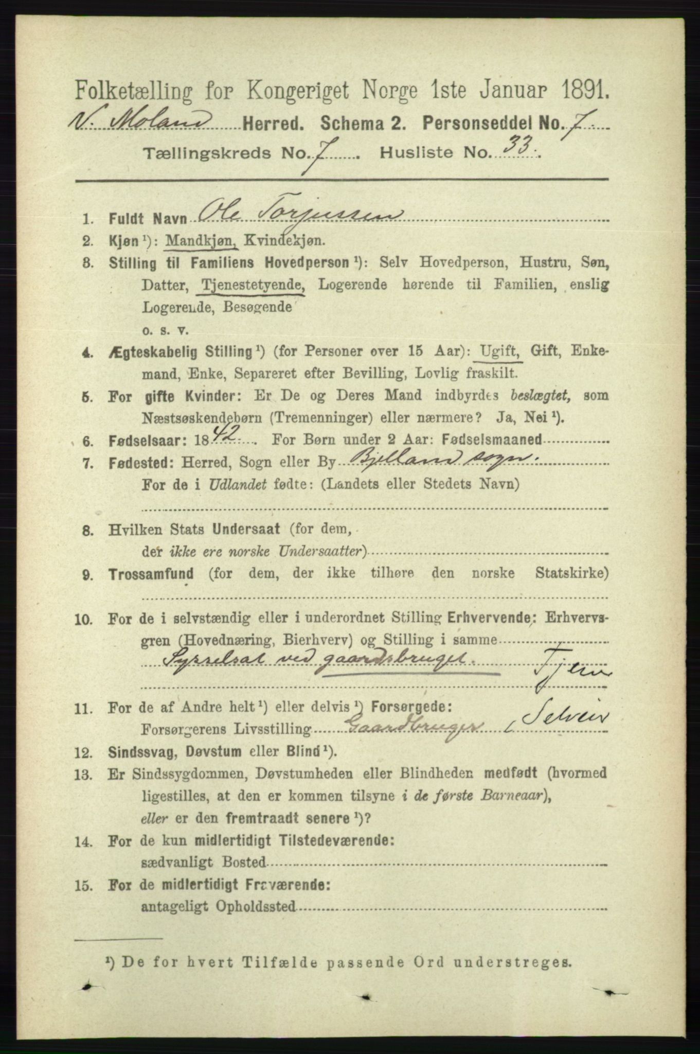 RA, 1891 census for 0926 Vestre Moland, 1891, p. 2952