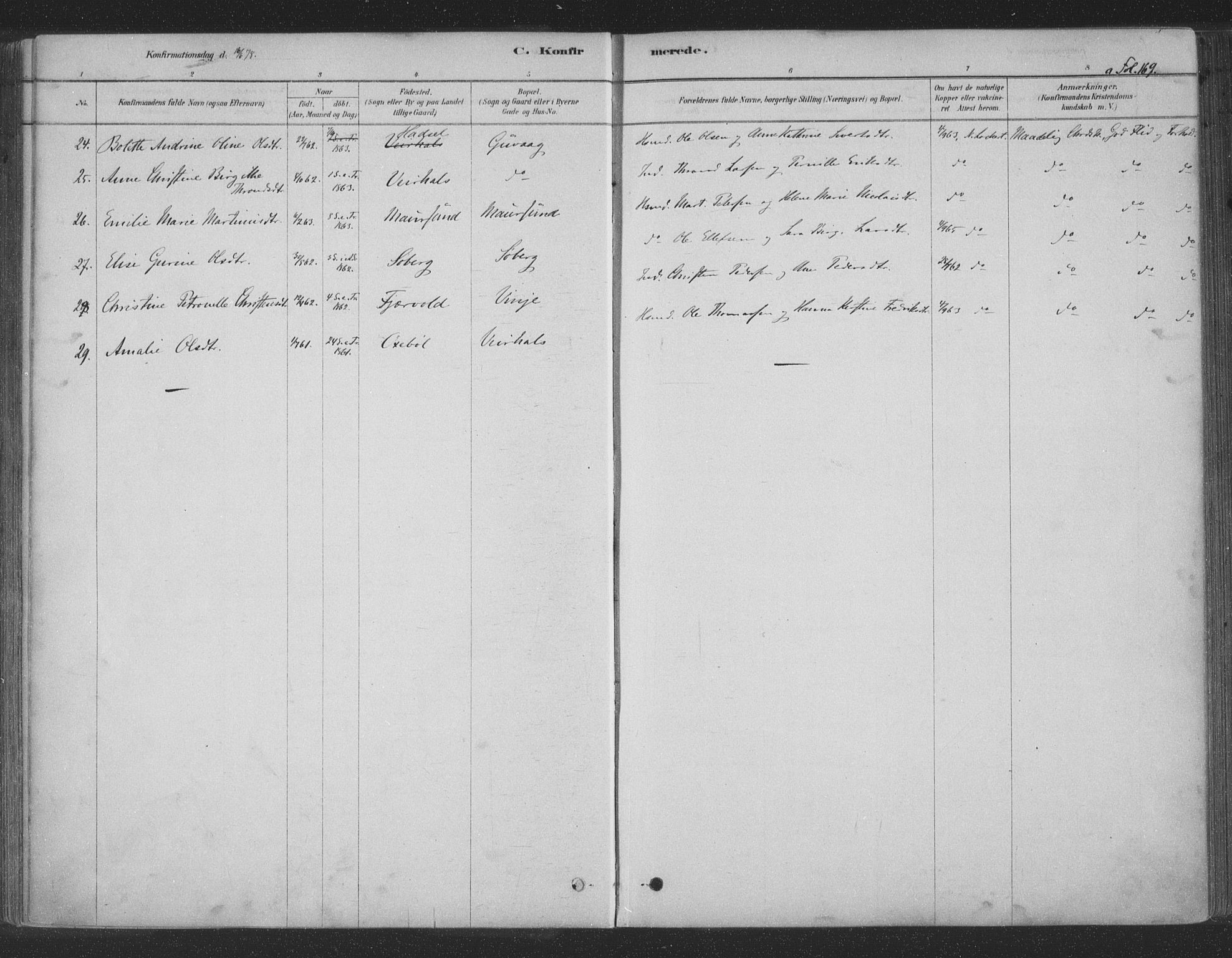 Ministerialprotokoller, klokkerbøker og fødselsregistre - Nordland, AV/SAT-A-1459/891/L1302: Parish register (official) no. 891A07, 1878-1895, p. 169