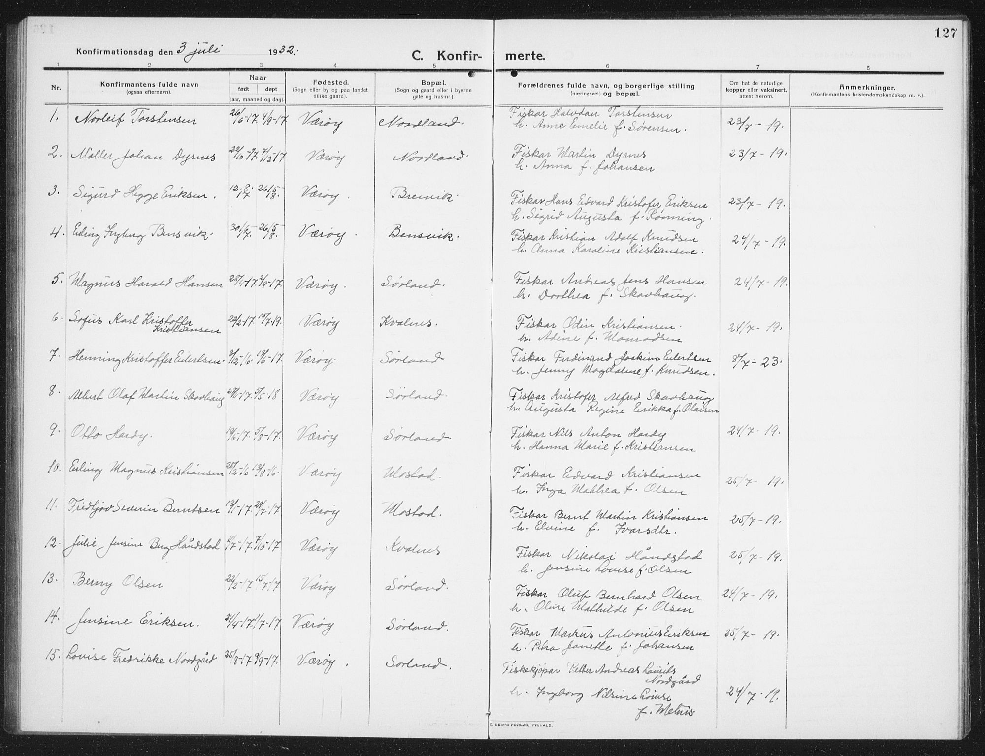 Ministerialprotokoller, klokkerbøker og fødselsregistre - Nordland, AV/SAT-A-1459/807/L0124: Parish register (copy) no. 807C02, 1910-1935, p. 127