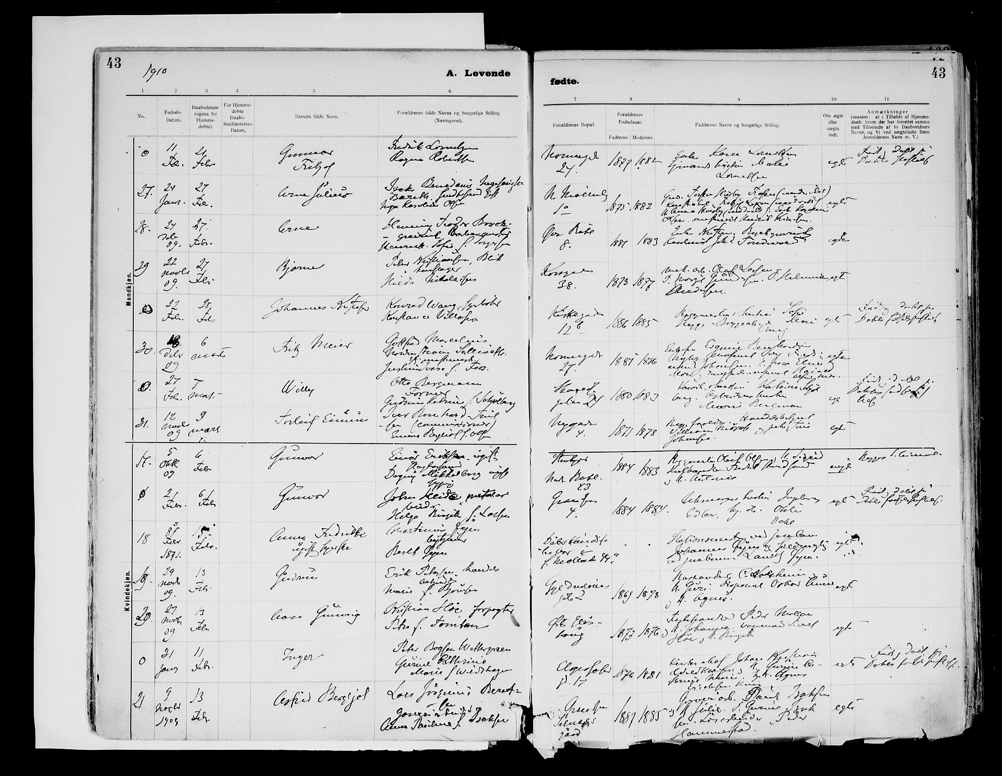 Ministerialprotokoller, klokkerbøker og fødselsregistre - Sør-Trøndelag, AV/SAT-A-1456/604/L0203: Parish register (official) no. 604A23, 1908-1916, p. 43