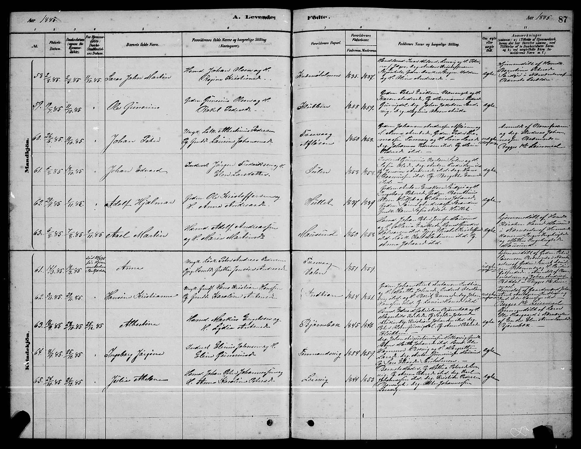 Ministerialprotokoller, klokkerbøker og fødselsregistre - Sør-Trøndelag, AV/SAT-A-1456/640/L0585: Parish register (copy) no. 640C03, 1878-1891, p. 87