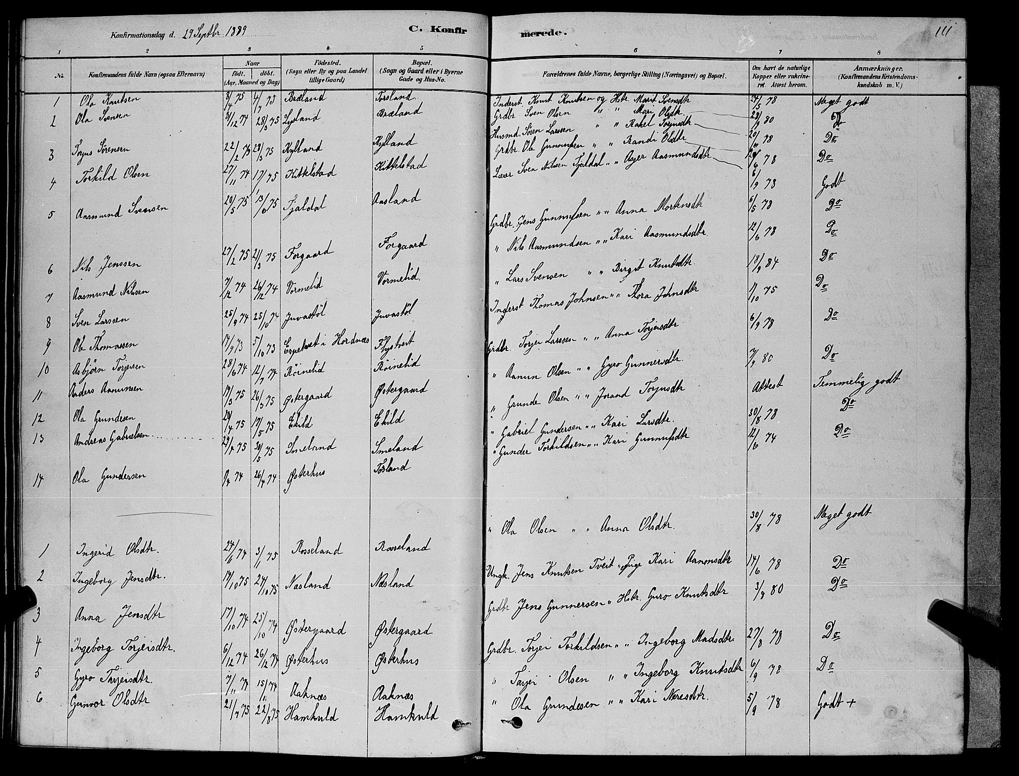 Åseral sokneprestkontor, SAK/1111-0051/F/Fb/L0002: Parish register (copy) no. B 2, 1878-1899, p. 111