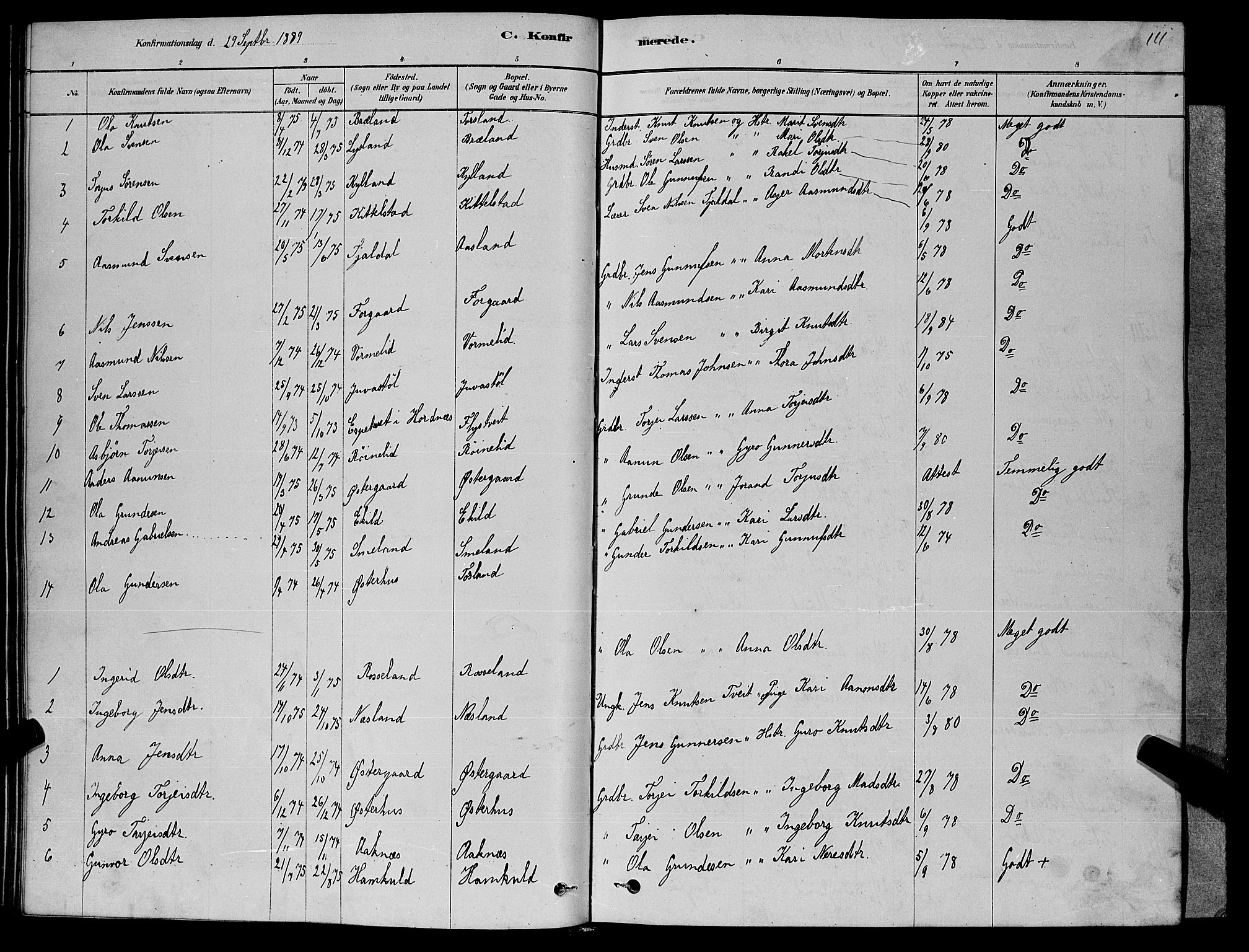 Åseral sokneprestkontor, AV/SAK-1111-0051/F/Fb/L0002: Parish register (copy) no. B 2, 1878-1899, p. 111