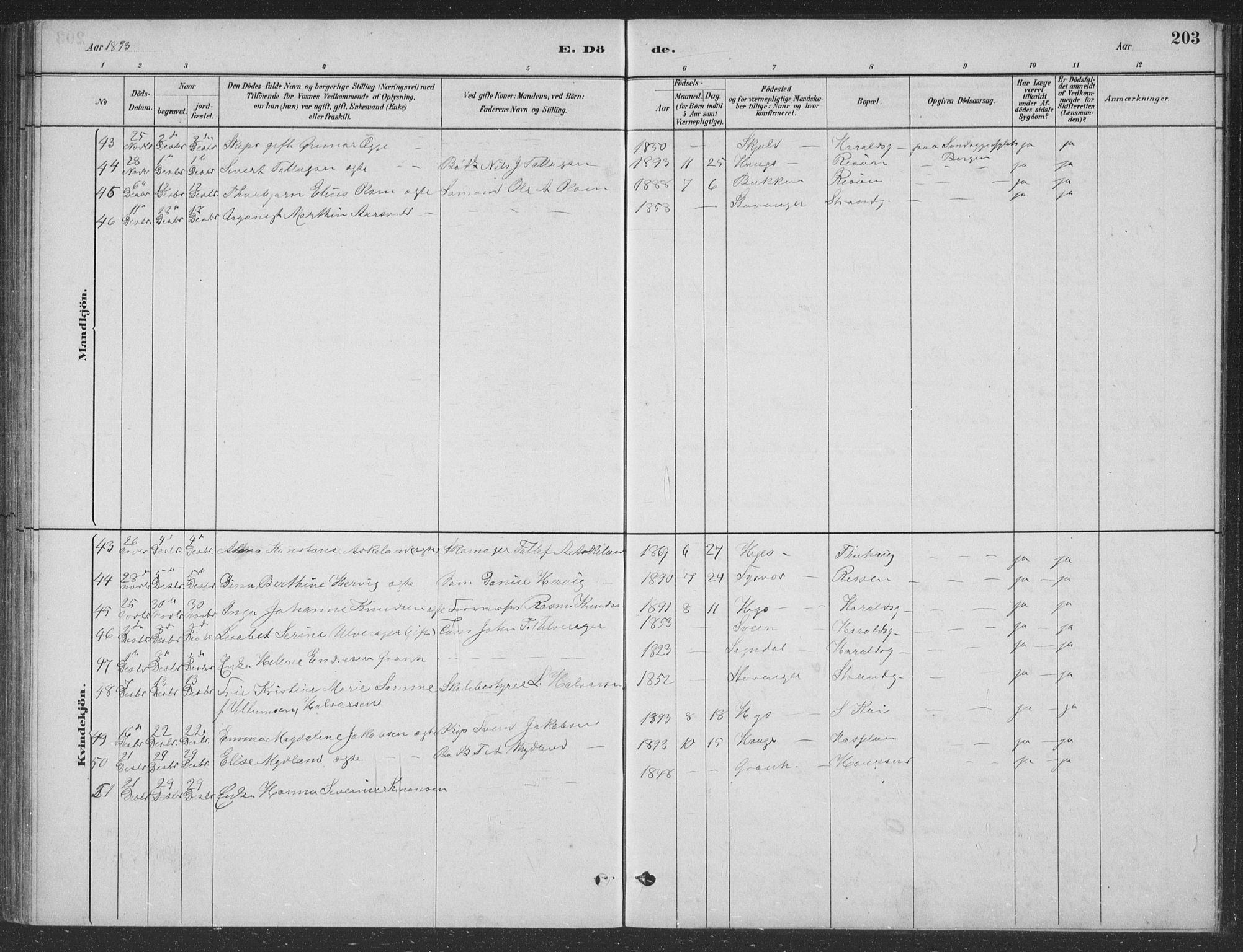 Haugesund sokneprestkontor, AV/SAST-A -101863/H/Ha/Hab/L0002: Parish register (copy) no. B 2, 1881-1894, p. 203