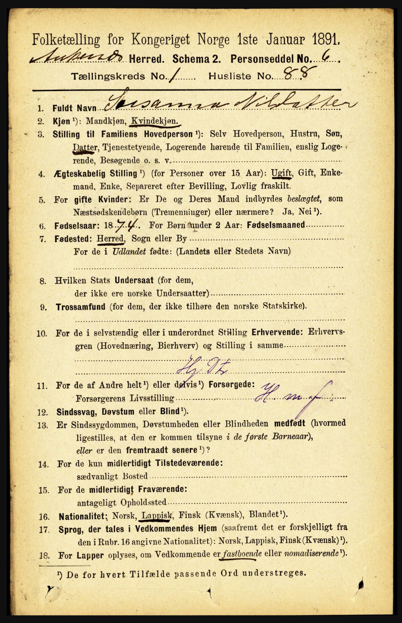 RA, 1891 census for 1855 Ankenes, 1891, p. 748